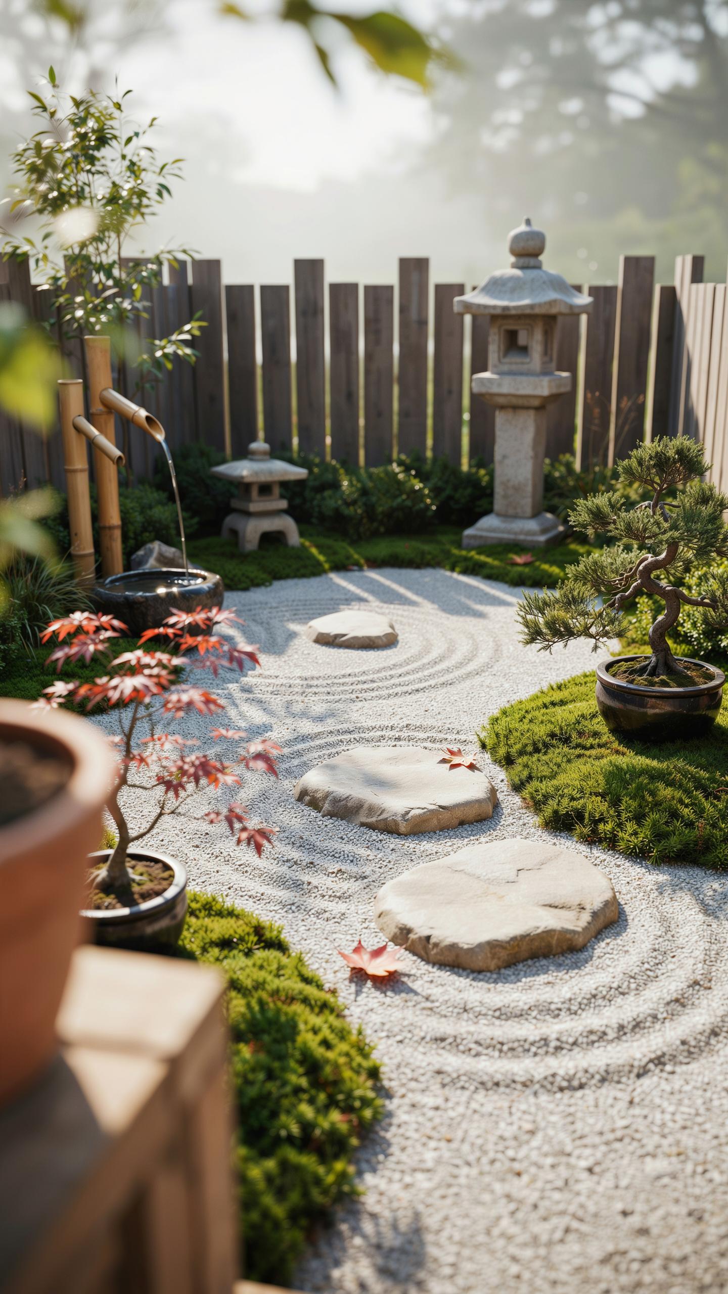 A serene Japanese rock garden features a meticulously raked white gravel path with stepping stones, surrounded by vibrant green moss, potted bonsai tr