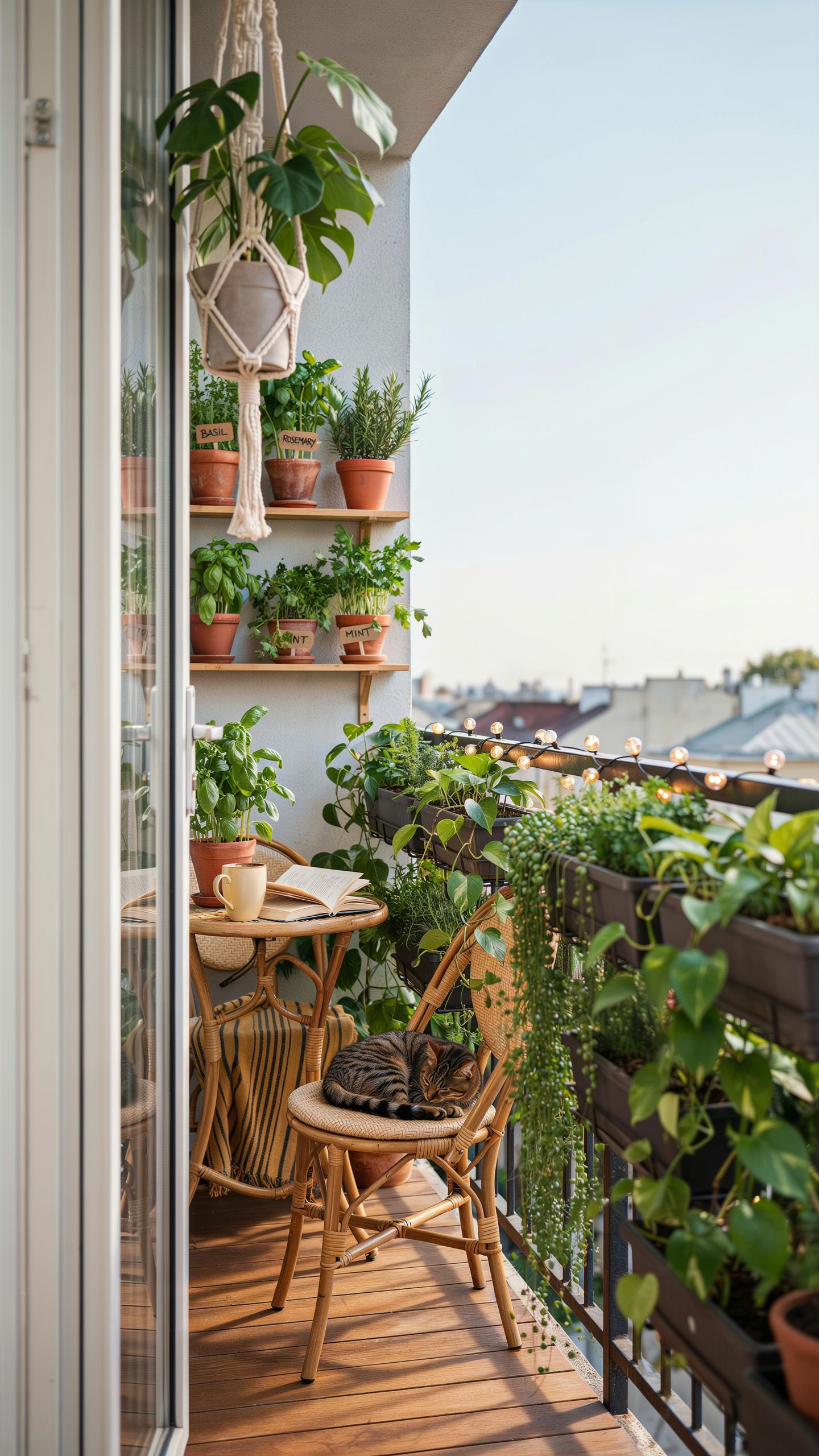 A cozy, sunlit balcony is densely decorated with various green plants in pots and hanging planters, with a small wicker table and chair in the foregro