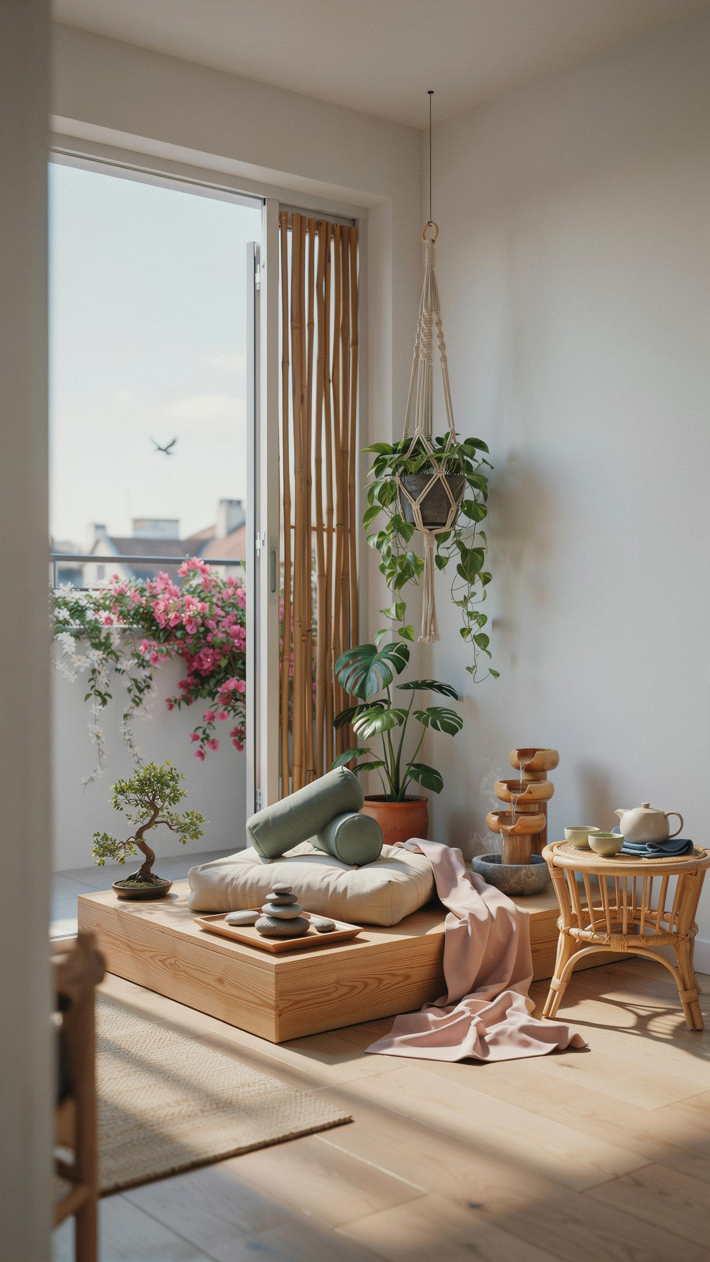 A serene, sunlit meditation corner in a room with light wooden floors, featuring a low wooden platform topped with neutral cushions and a stacked ston
