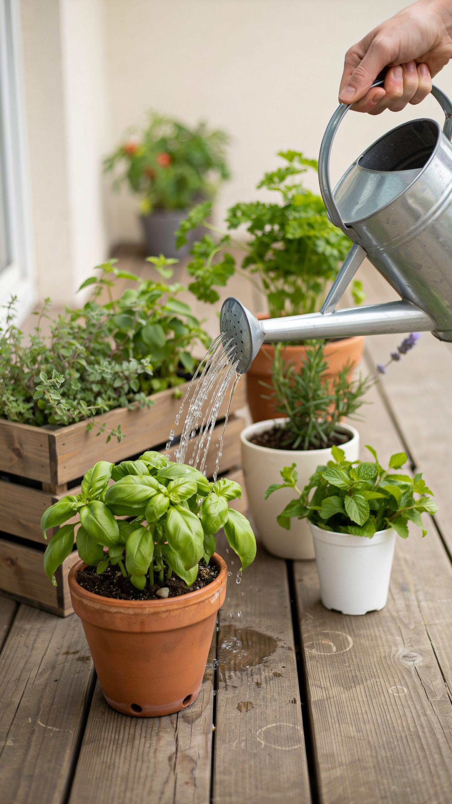 A person is watering a collection of green potted herbs, including basil, thyme, and rosemary, with a silver watering can on a wooden deck.