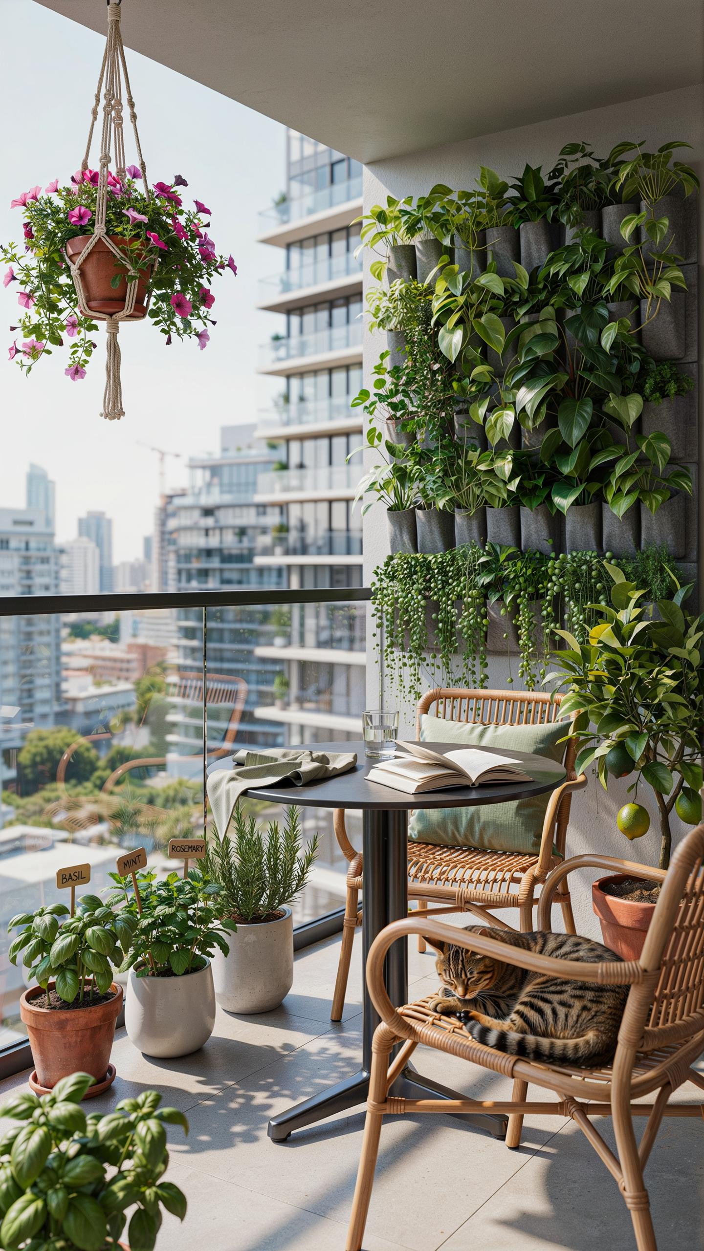 A cozy, sunlit balcony filled with numerous plants, featuring a small black table with two wicker chairs, one occupied by a tabby cat, against a backd