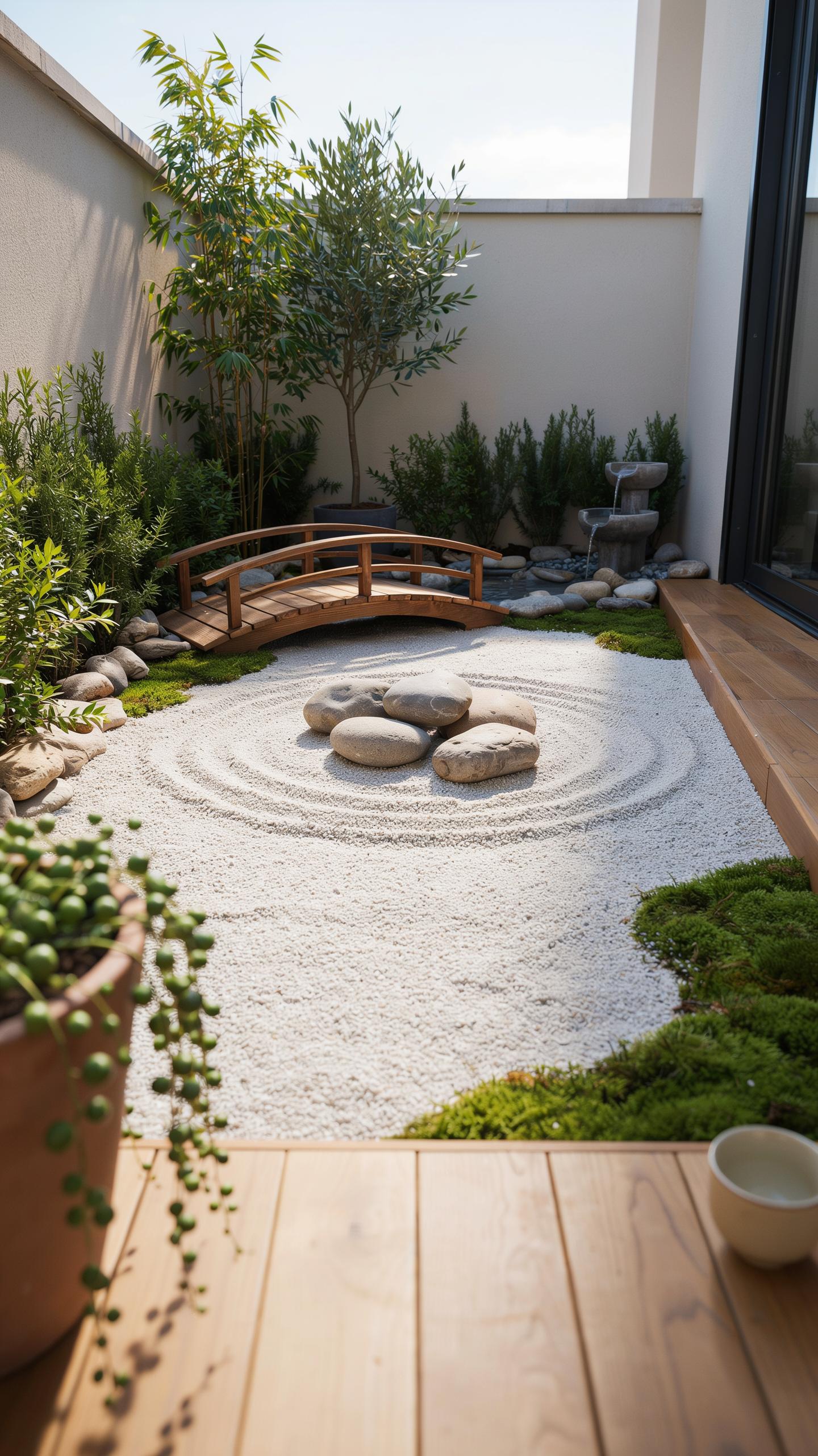 A serene Japanese rock garden features a circular raked white gravel bed with several large, smooth stones in its center, surrounded by lush green mos