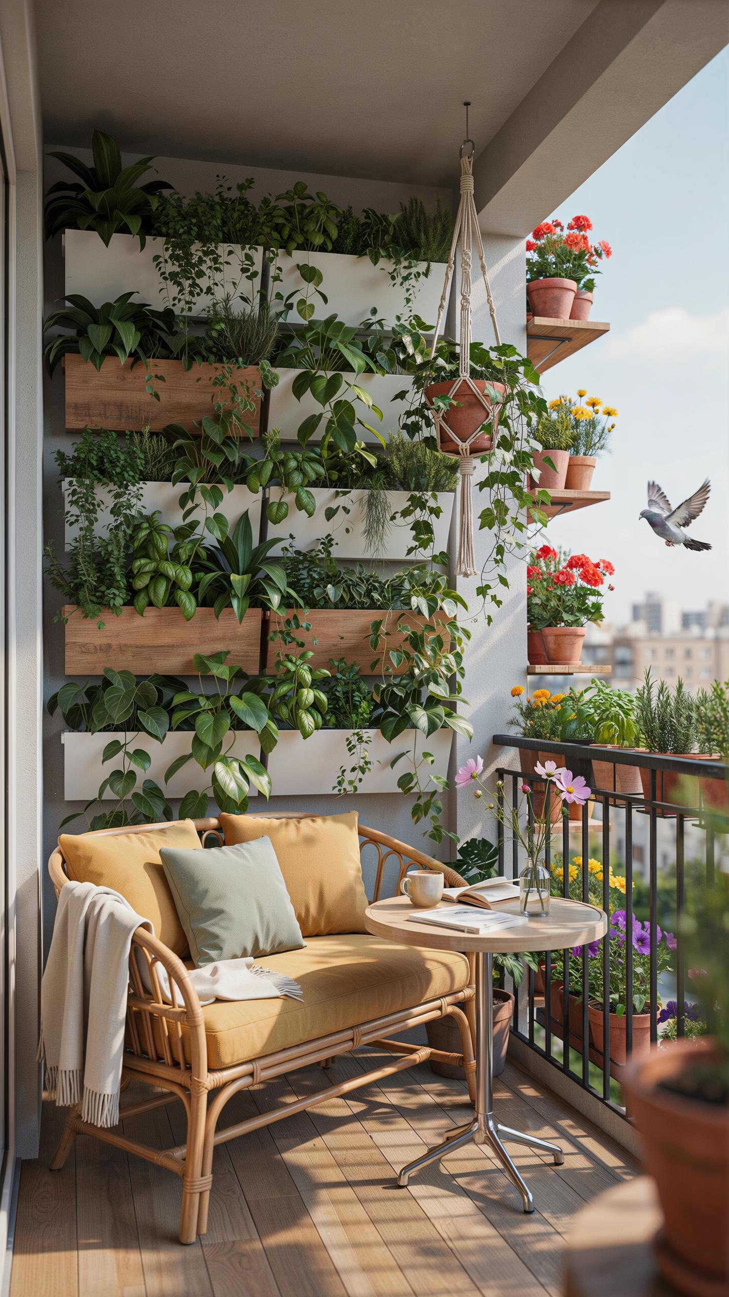 A cozy, sunlit balcony features a rattan loveseat with a light green cushion, a small round table, and a lush vertical garden wall brimming with herbs