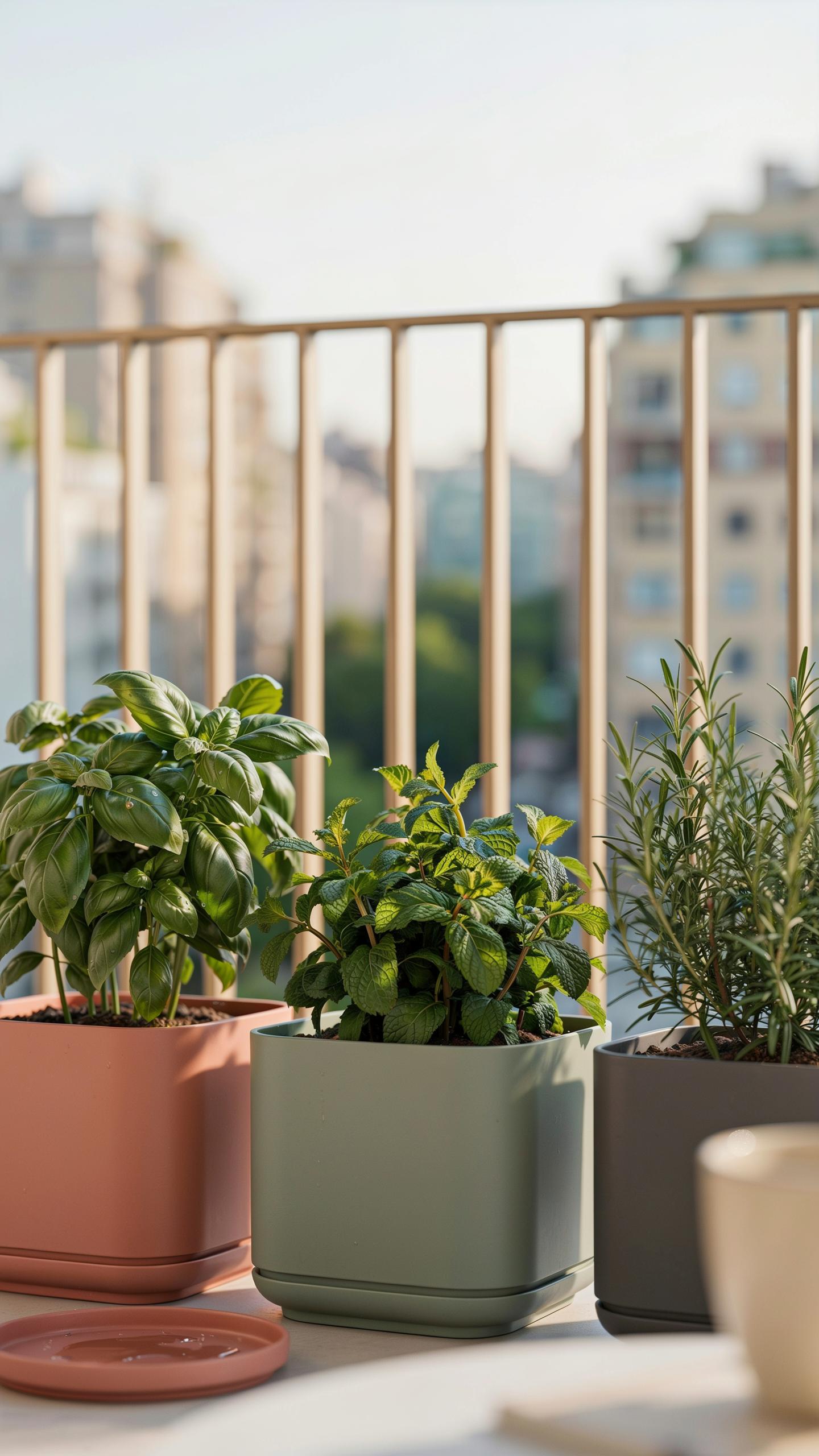 Three potted herb plants in square, minimalist planters sit on a white balcony railing with city buildings in the blurred background. From left to rig