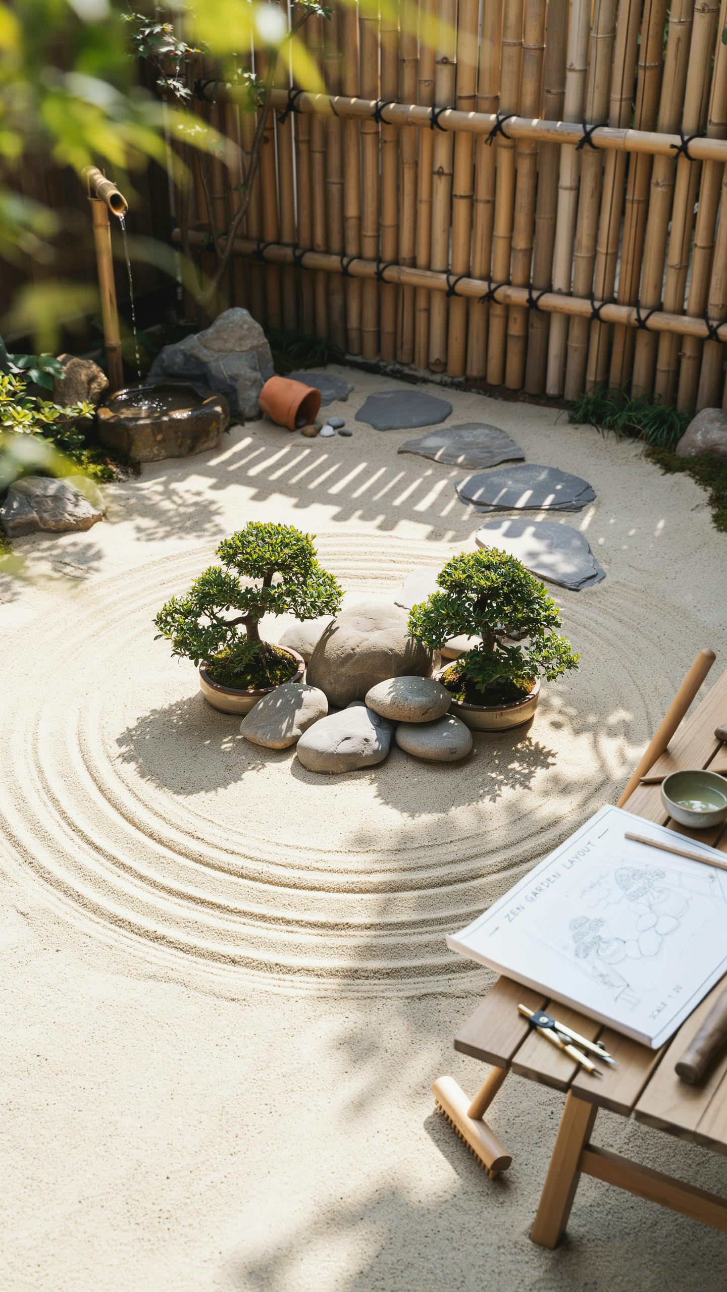 A meticulously raked Japanese rock garden features a central arrangement of two small potted bonsai trees, several rounded stones, and concentric circ