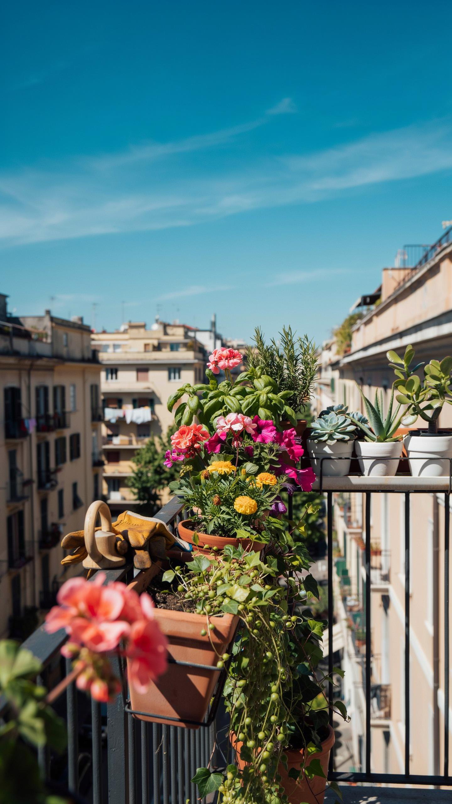 A vibrant balcony garden with various potted flowers and plants, including red geraniums, pink petunias, and yellow marigolds, overlooking a city stre