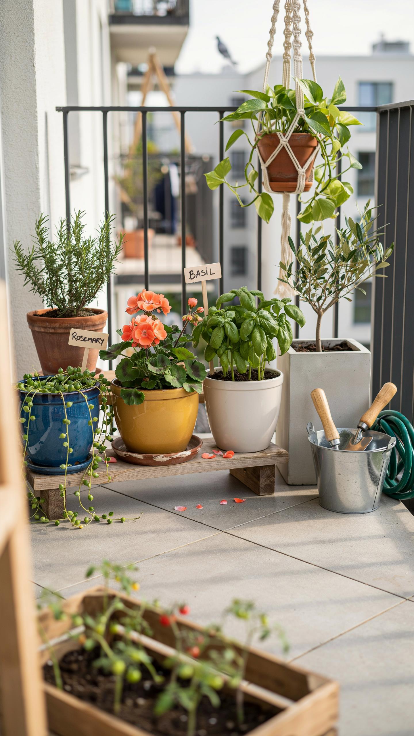 A variety of potted plants, including herbs, flowers, and small trees, are arranged on a sunny balcony with a black metal railing and cityscape in the