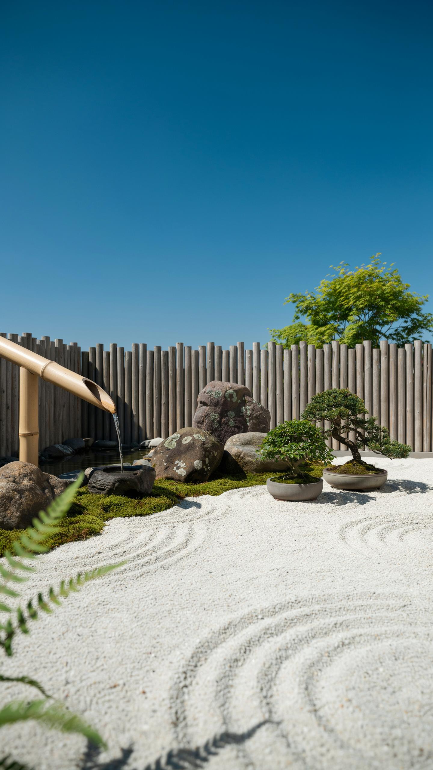 A tranquil Japanese rock garden features raked white gravel with circular patterns, a bamboo water spout, a collection of moss-covered rocks, and two