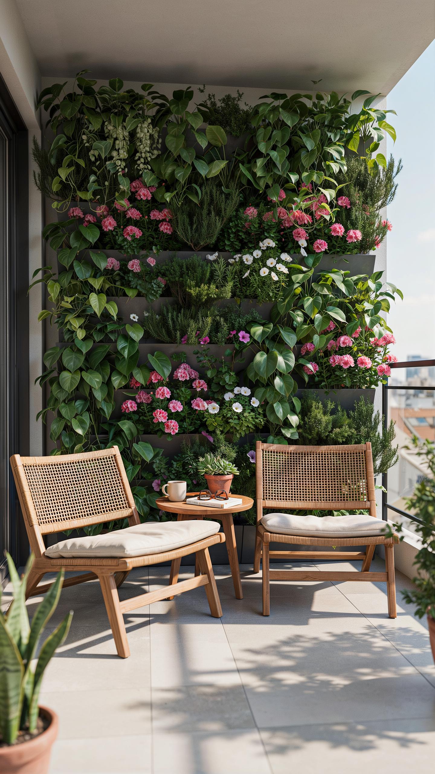 A small outdoor balcony features a lush vertical garden wall with pink and white flowers, two light wooden chairs with woven backs and white cushions,