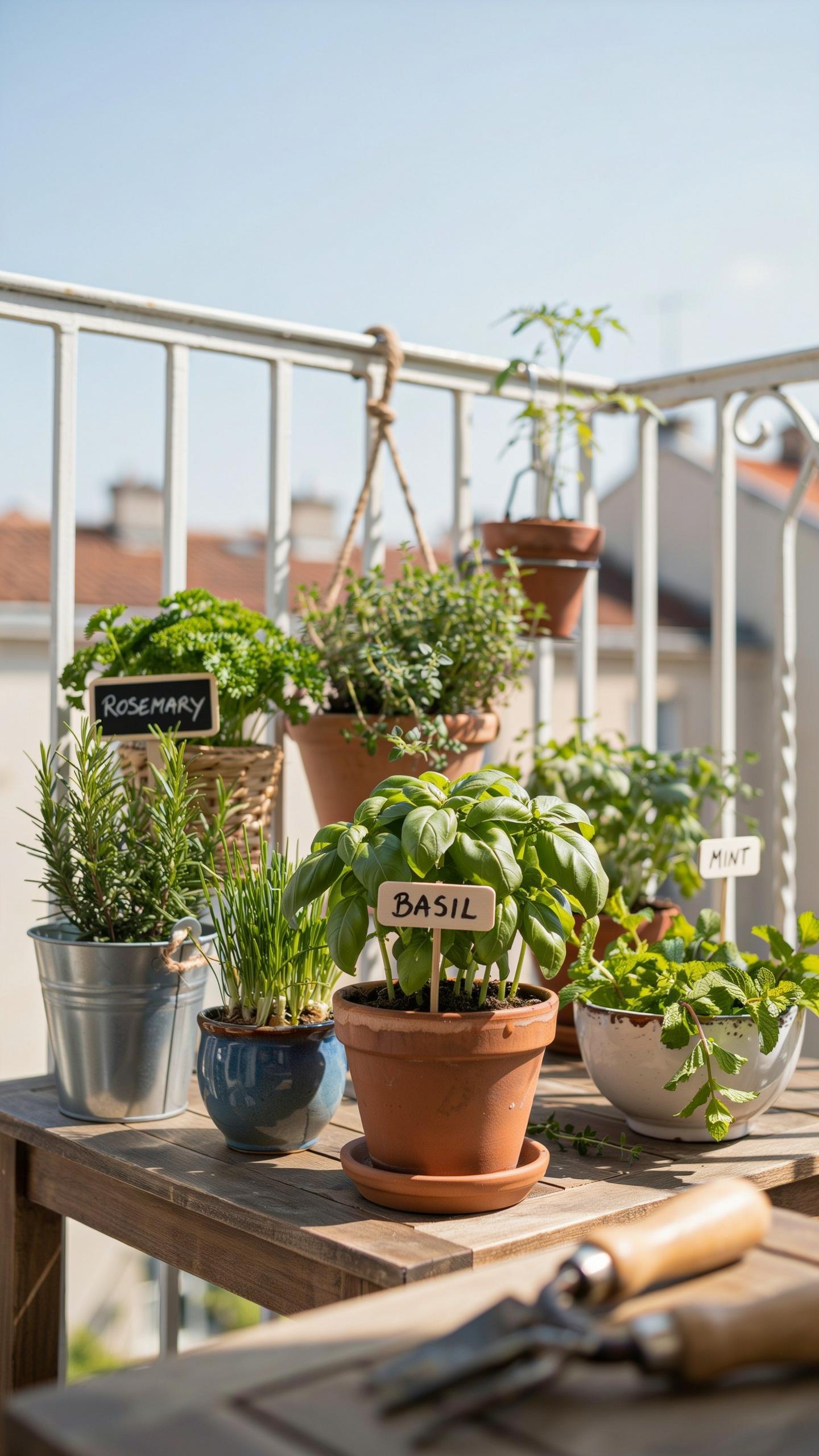A variety of potted herbs, including basil, rosemary, and mint, are arranged on a light wooden table and hanging on a white railing on a sunny balcony