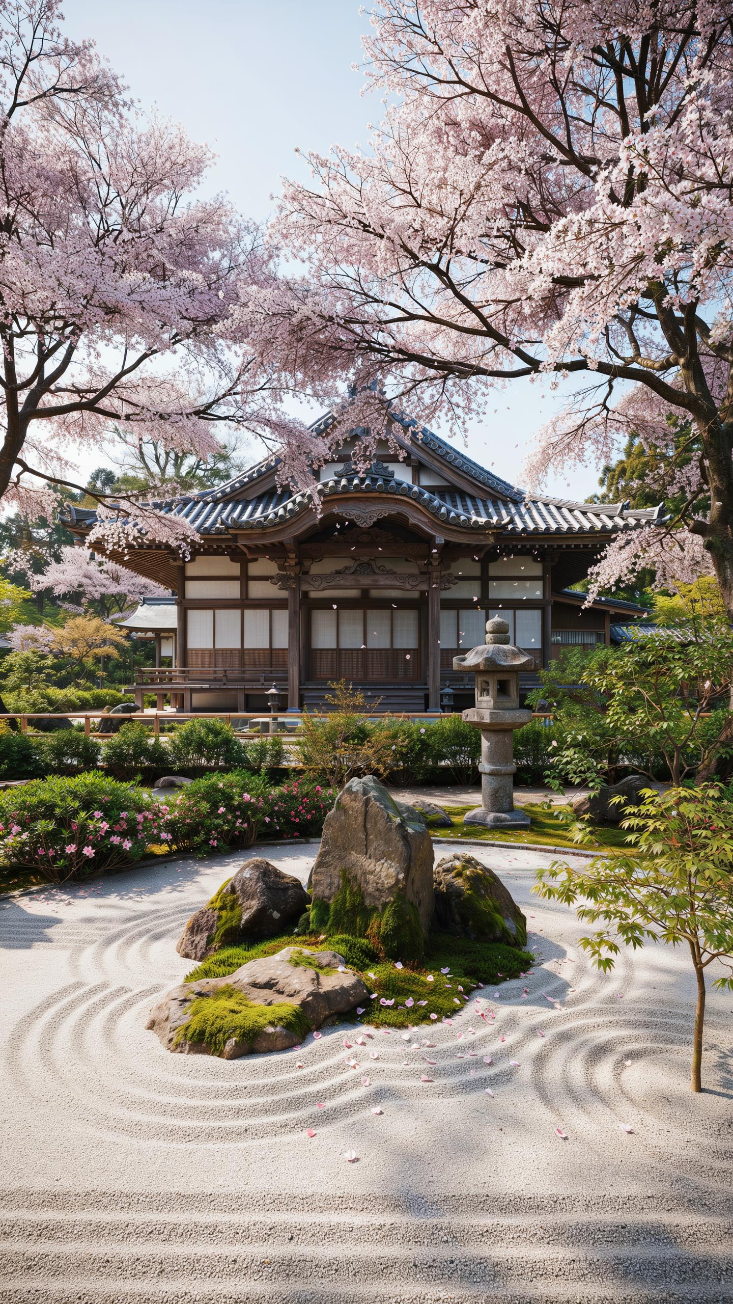 A traditional Japanese temple with a dark wood roof and light-colored walls stands in the background, surrounded by vibrant pink cherry blossom trees,