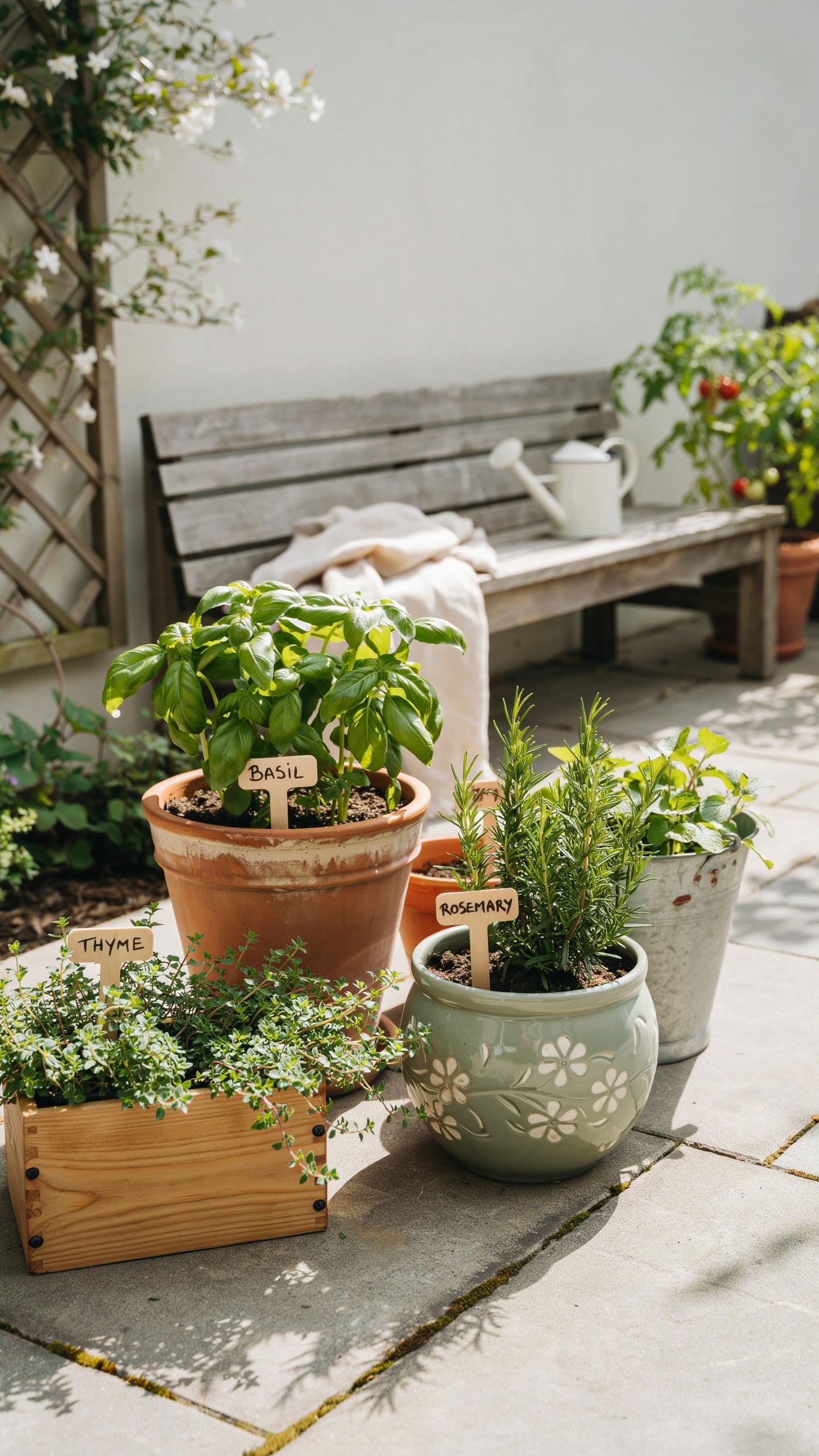 Four potted herbs, including basil and rosemary, sit on a gray stone patio with a wooden bench and white watering can in the background.