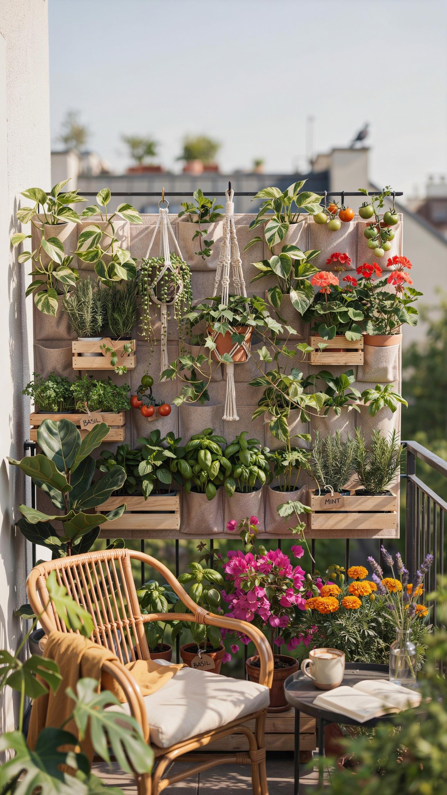 A cozy balcony features a large vertical garden wall filled with various plants and herbs, alongside a wicker chair with a cushion, a small round tabl