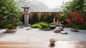 A tranquil Japanese zen garden features raked sand, a stone lantern, a small water feature with bamboo spouts, and potted bonsai trees.