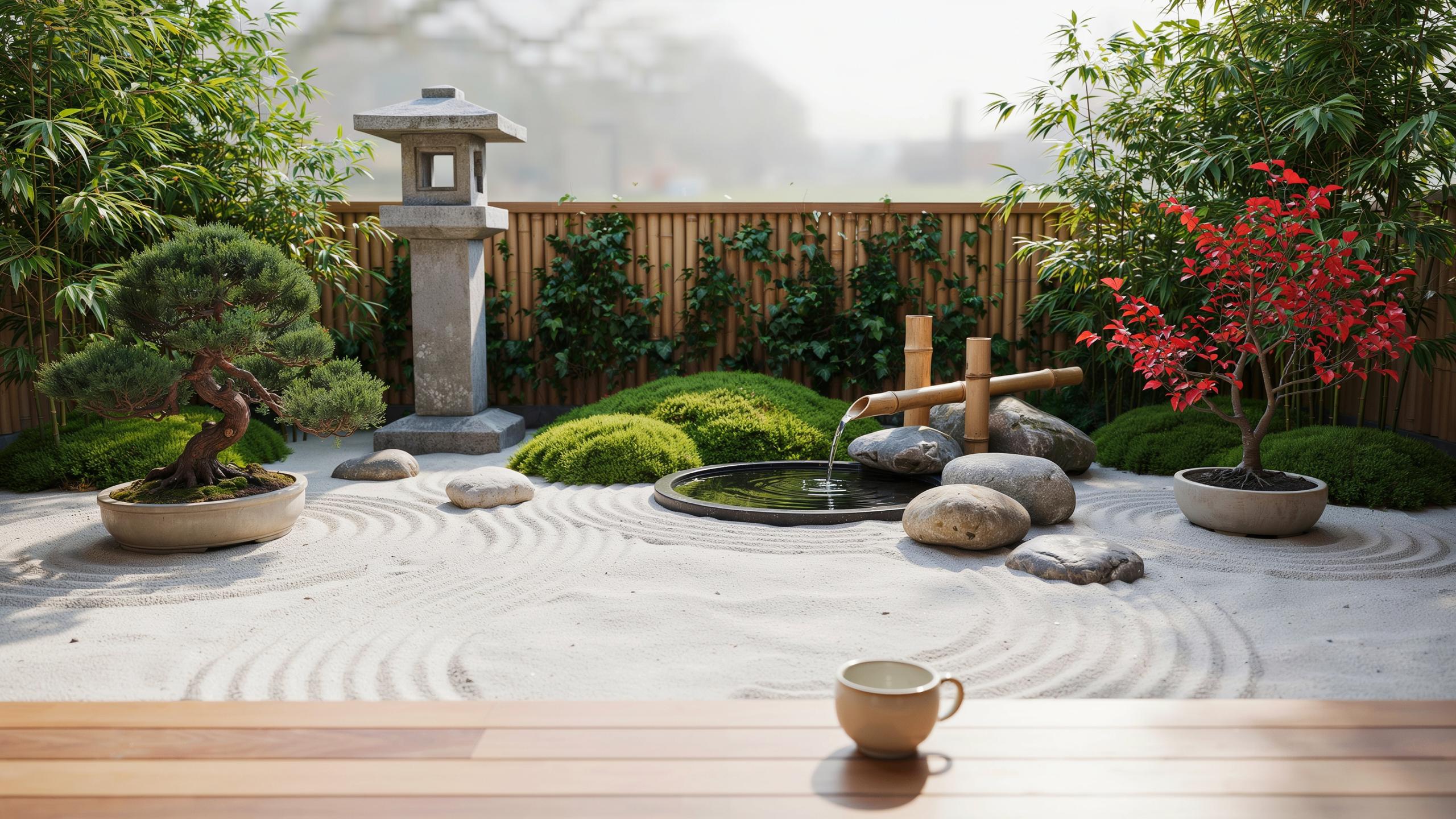 A tranquil Japanese zen garden features raked sand, a stone lantern, a small water feature with bamboo spouts, and potted bonsai trees.