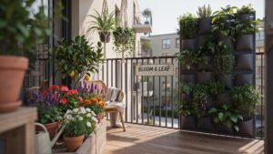 A vibrant, plant-filled balcony features a vertical garden, numerous potted flowers and citrus trees, hanging plants, a small wooden chair, and a sign