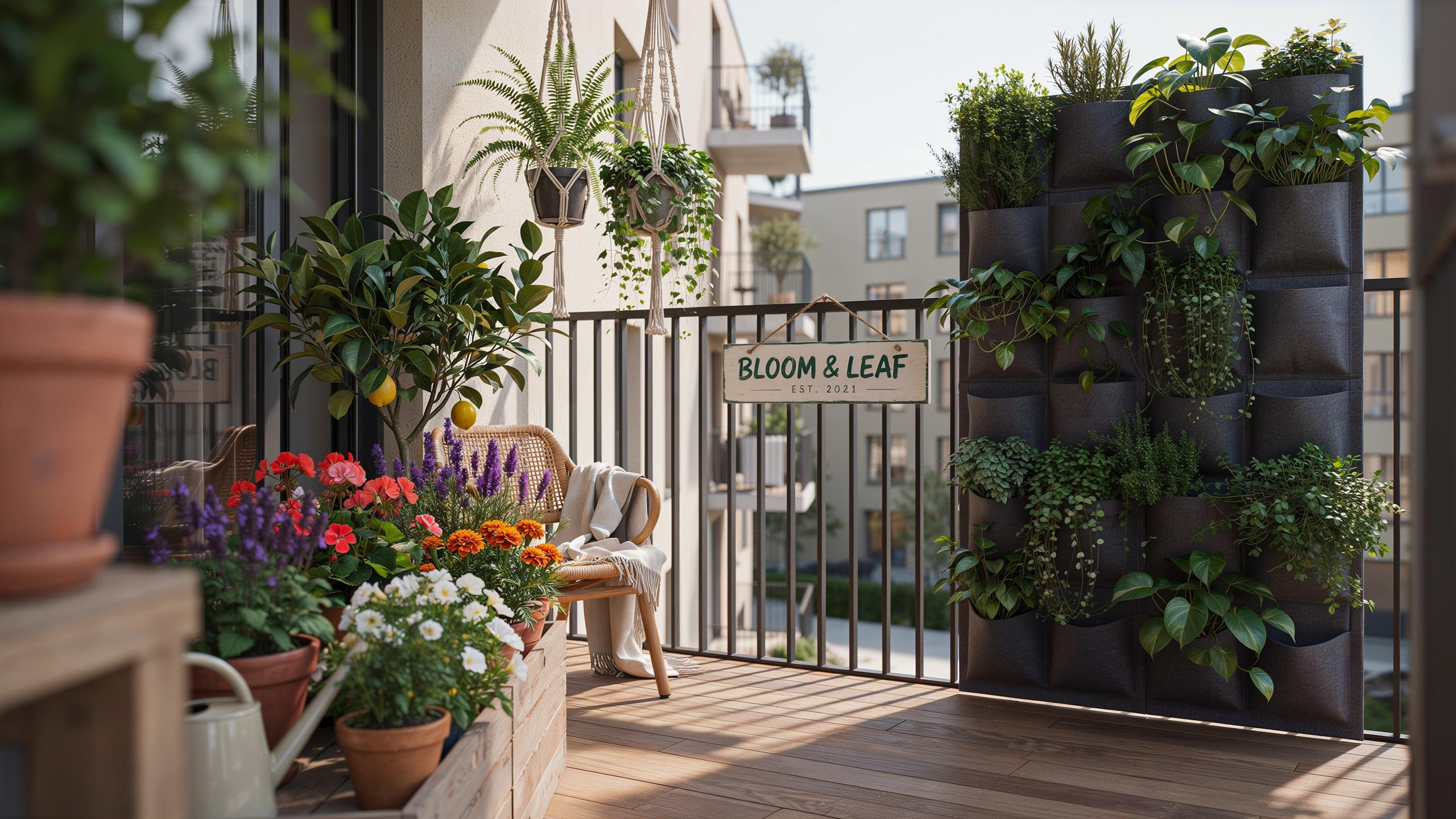 A vibrant, plant-filled balcony features a vertical garden, numerous potted flowers and citrus trees, hanging plants, a small wooden chair, and a sign