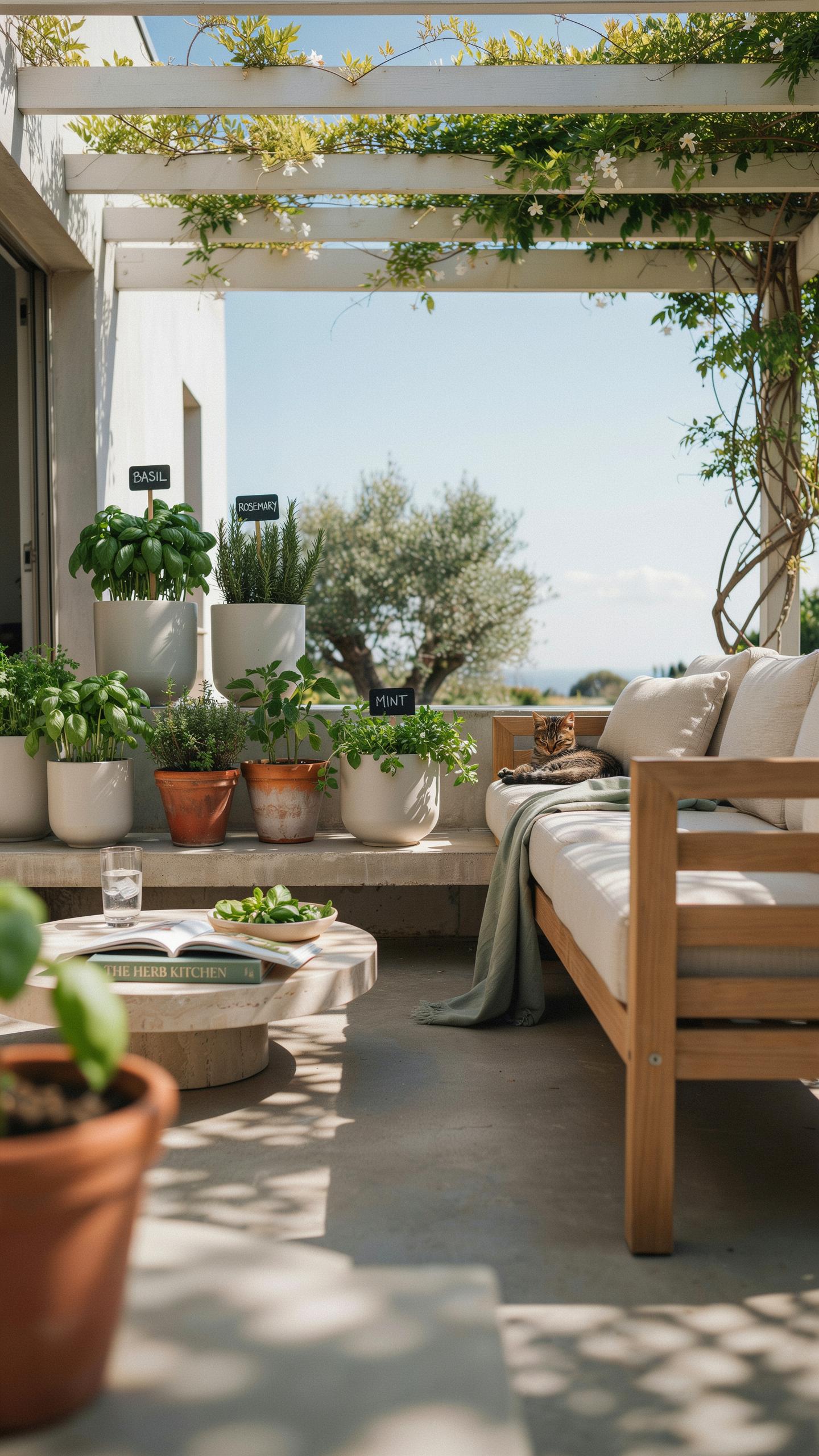 A sun-dappled outdoor patio features a wooden daybed with light cushions, a concrete coffee table with a book and dish of food, and a white ledge fill