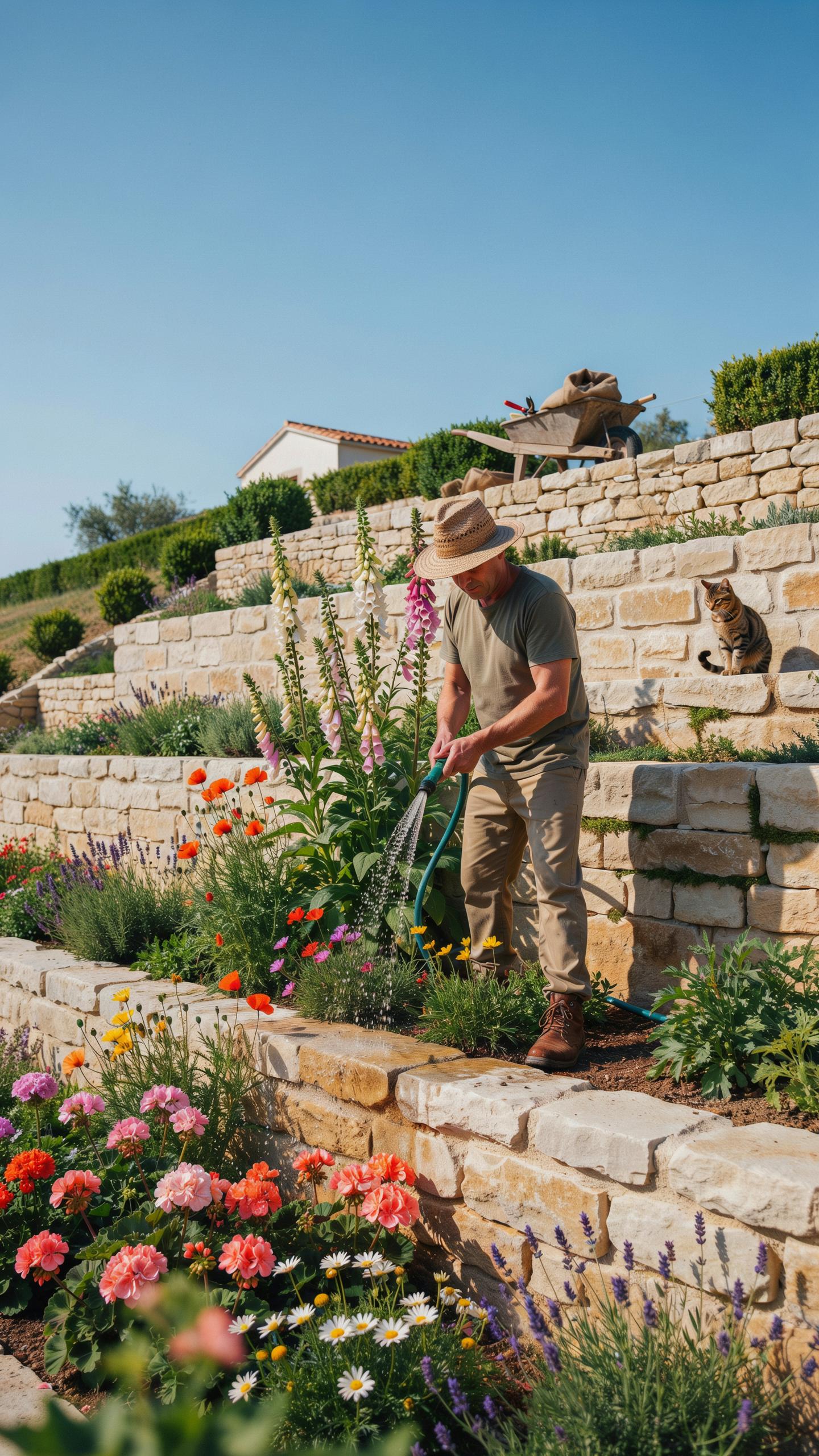 A man in a hat and work clothes waters vibrant flowers in a terraced garden with a hose, while a tabby cat watches from a stone wall.