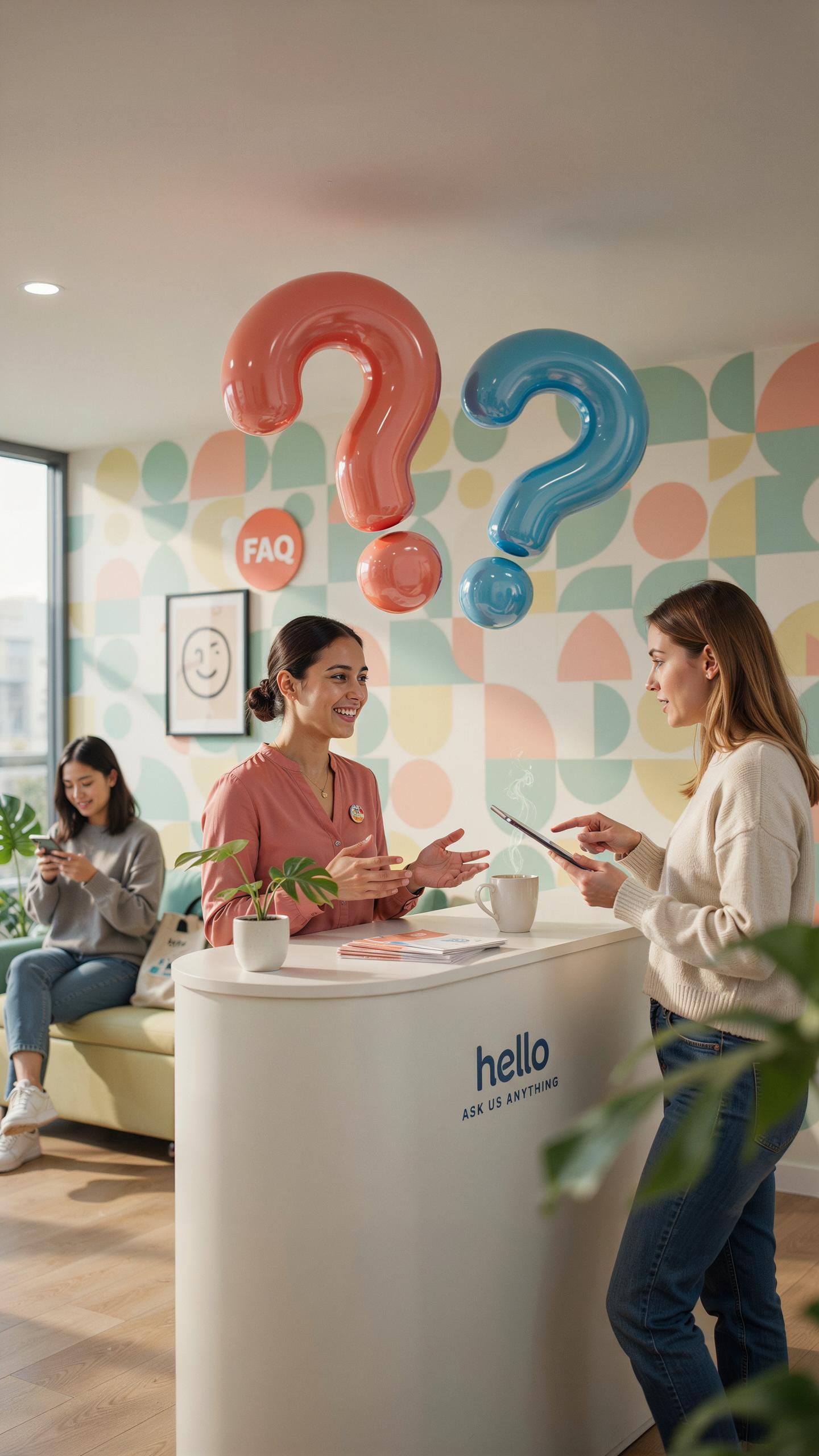 Three young women interact in a bright, modern reception area with pastel-colored patterned wallpaper and large question mark balloons.