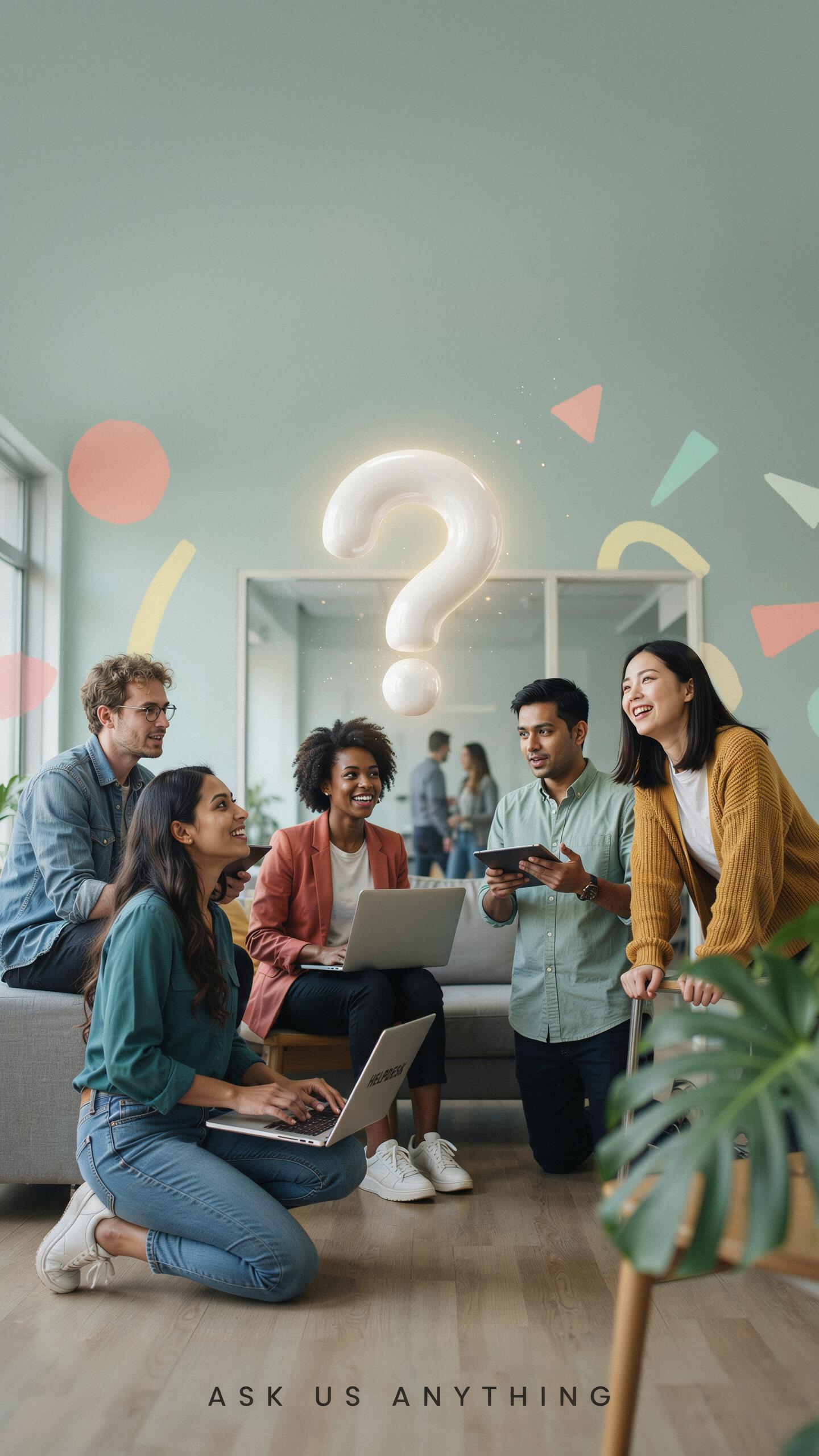Six young, diverse adults, three women and three men, are gathered in a modern, light green and white office space, looking at laptops and a tablet, w
