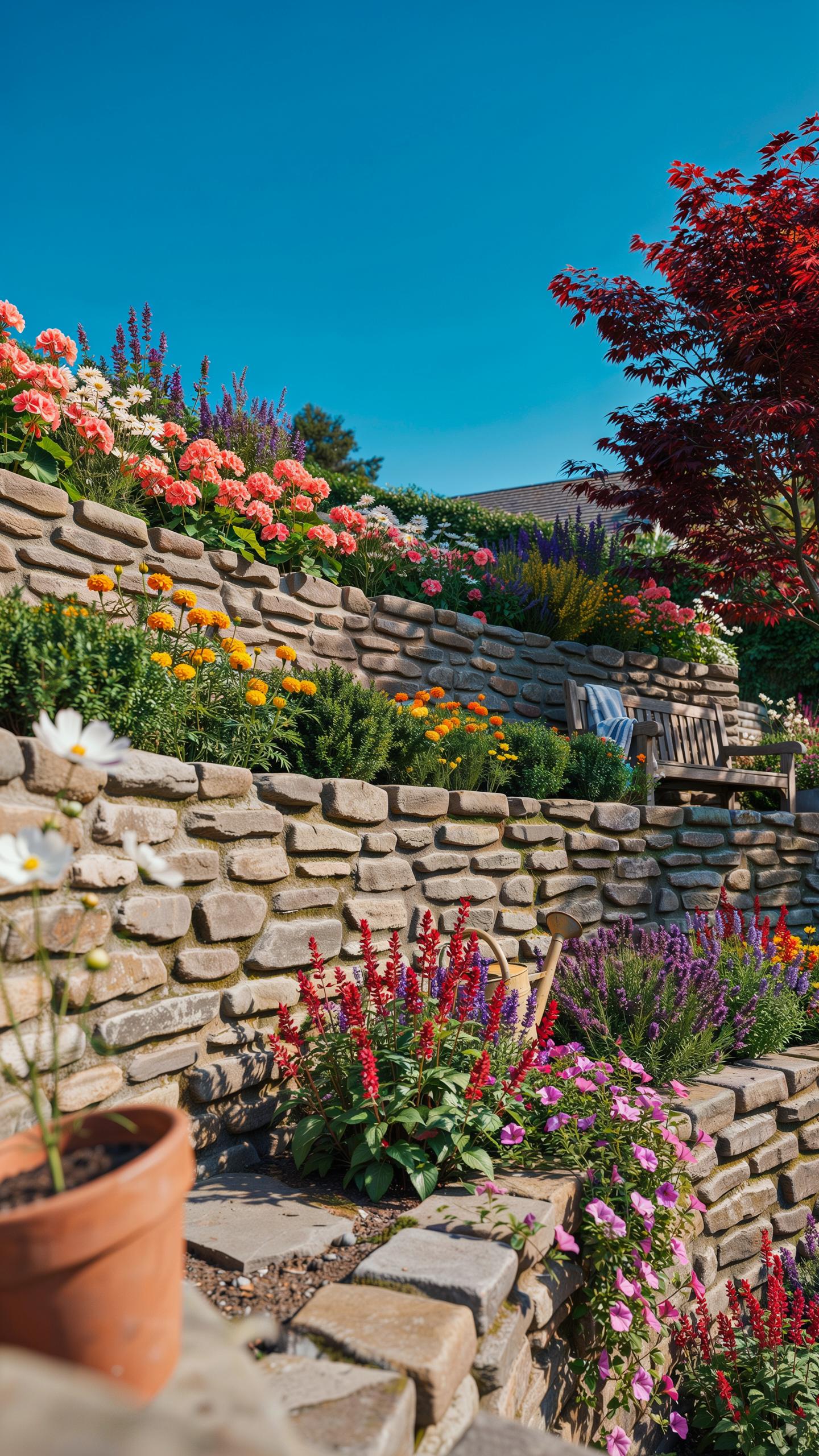 A vibrant tiered garden features stacked stone retaining walls overflowing with a variety of colorful flowers under a clear blue sky, with a red-leafe