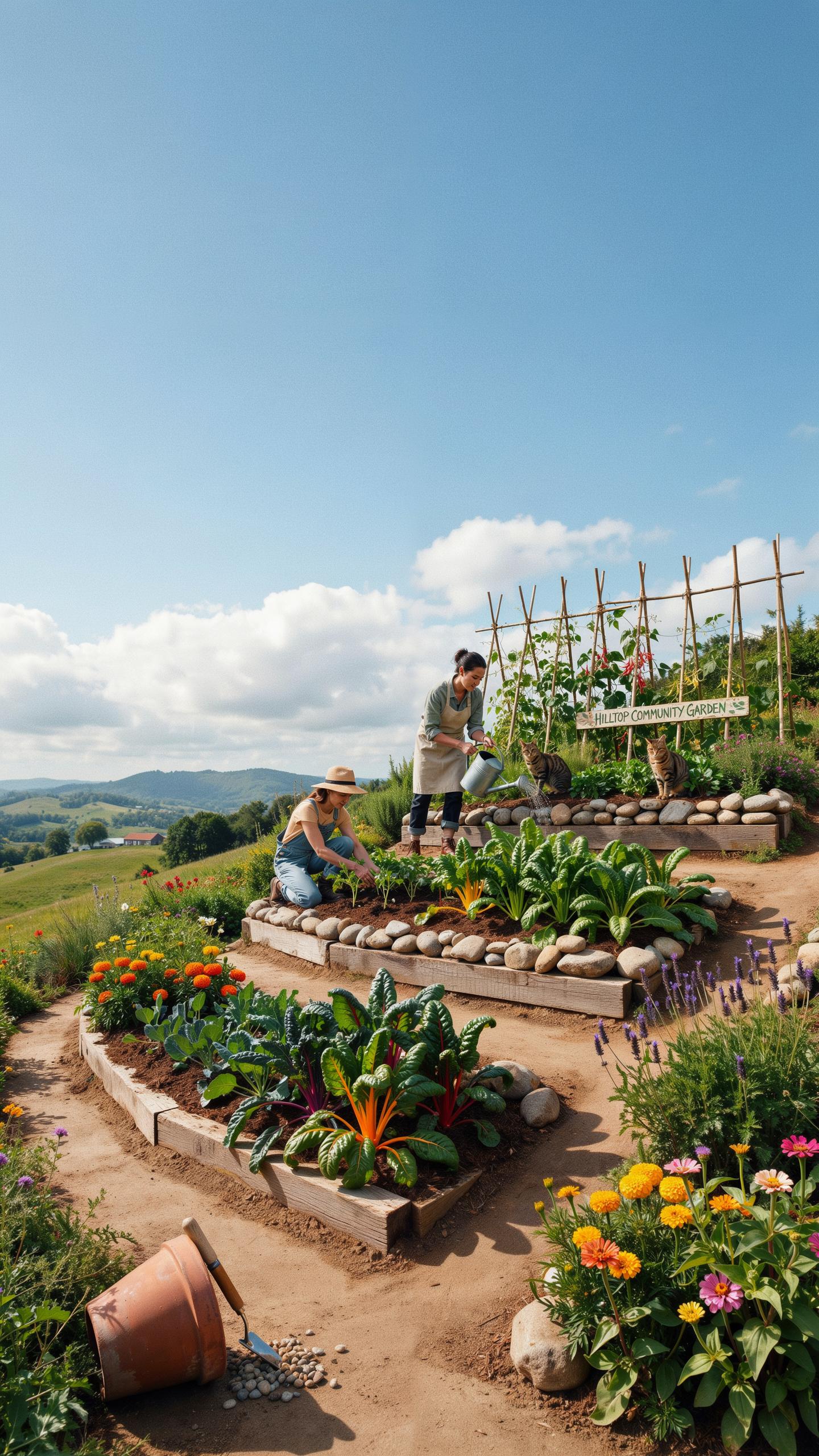 Two people are tending a terraced vegetable garden on a sunny hillside under a blue sky, surrounded by vibrant plants and flowers.