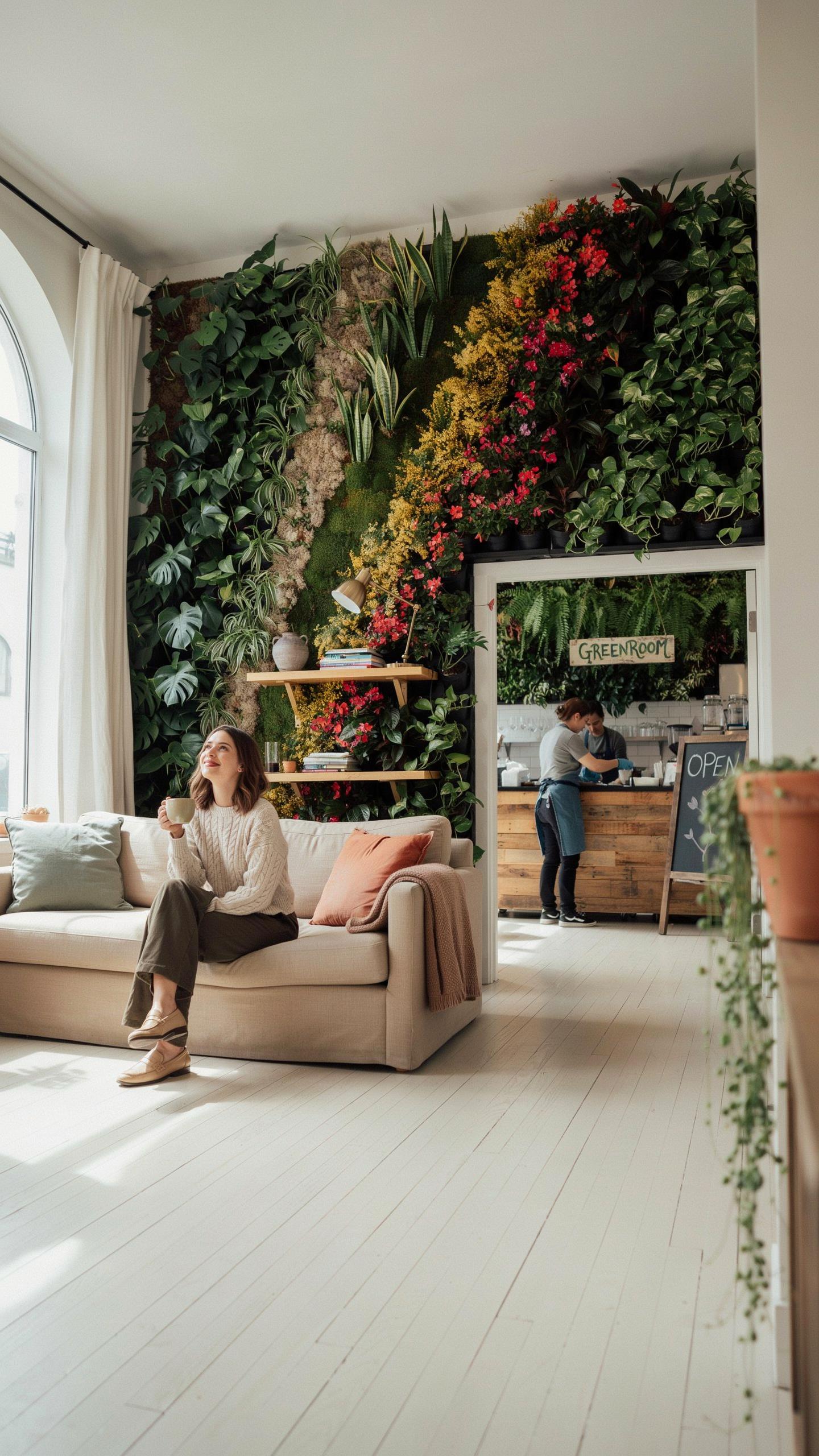 A woman in a cream sweater and dark pants sits on a light beige sofa in a brightly lit room with a large, vibrant green and red living wall, looking t