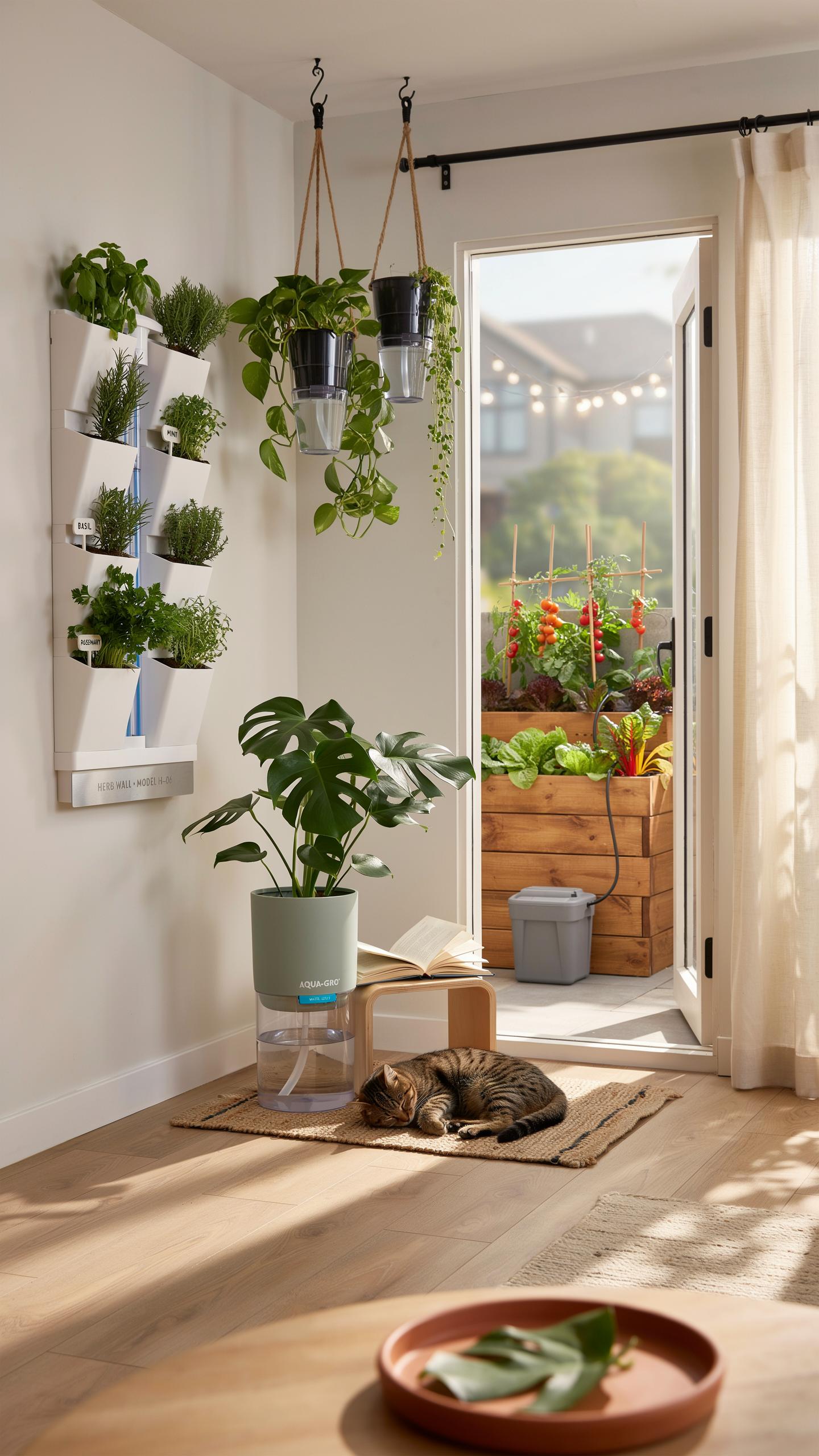 A cozy indoor space features a vertical herb garden on the wall, hanging planters, a large Monstera plant in a light green pot, and a sleeping tabby c