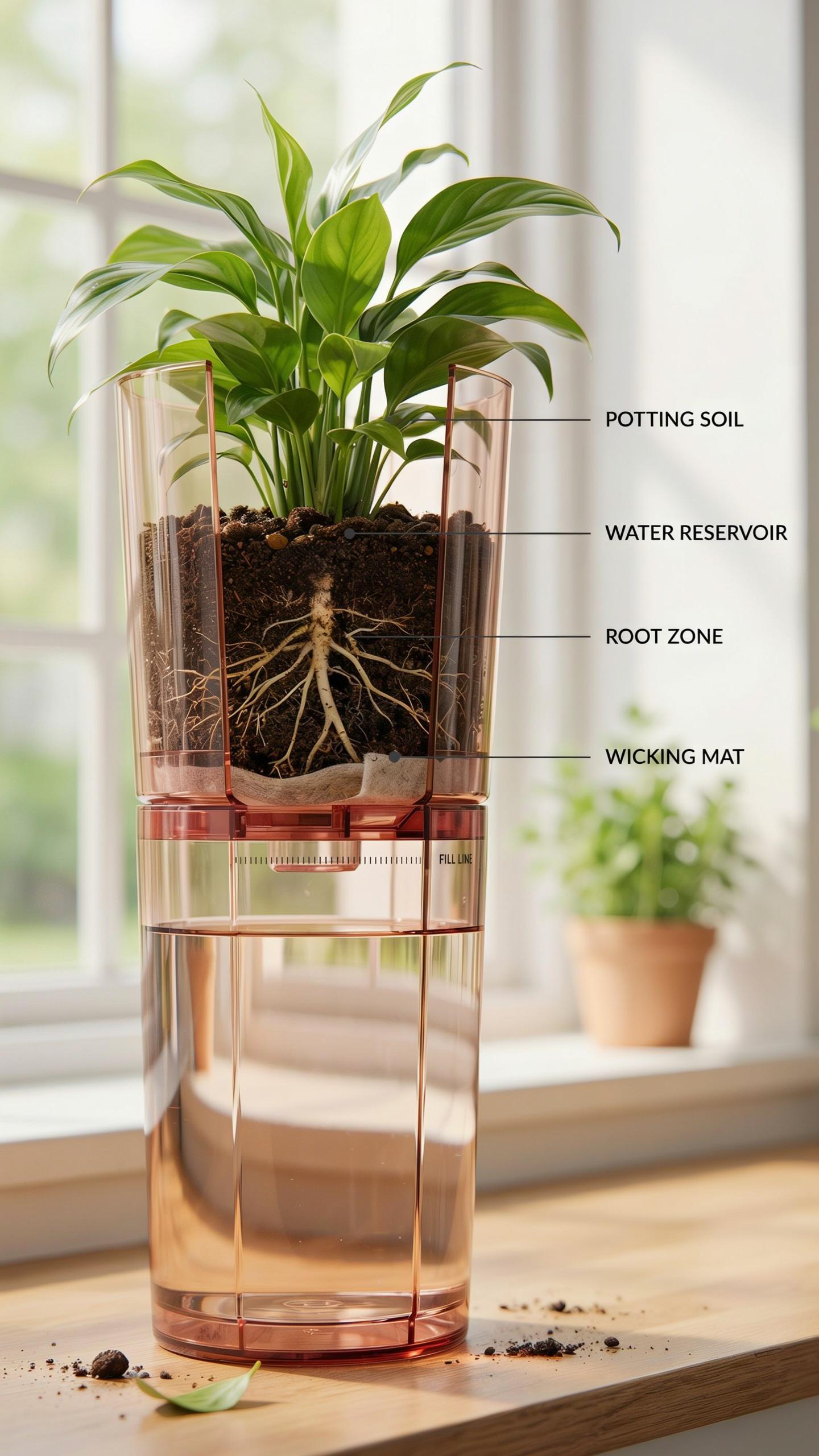 A clear, rose-tinted self-watering planter with a peace lily plant is shown in a cross-section view on a wooden surface next to a window. Labels point
