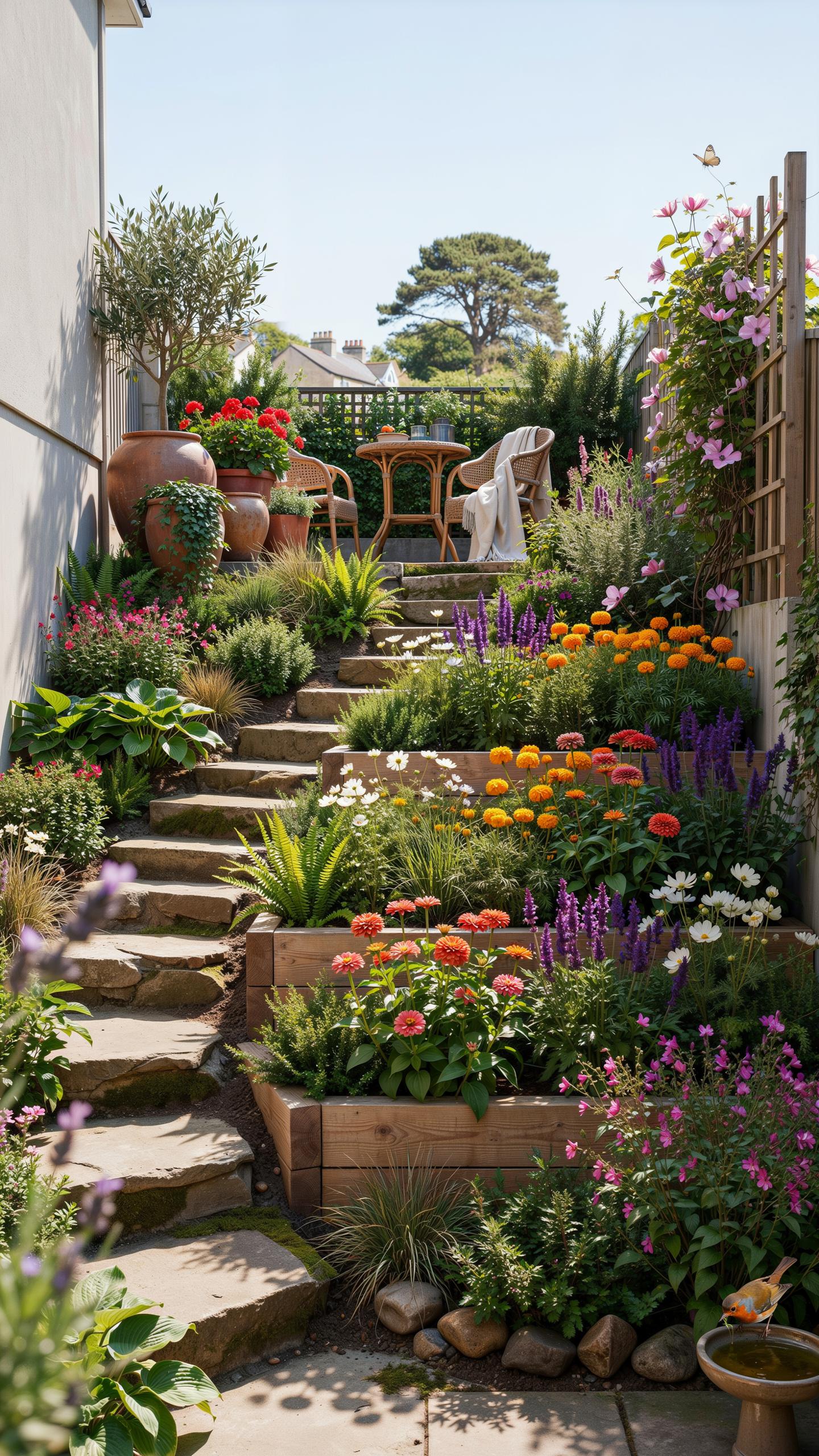 A narrow, terraced garden with stone steps winding uphill between vibrant flower beds in shades of orange, purple, white, and red, leading to a small