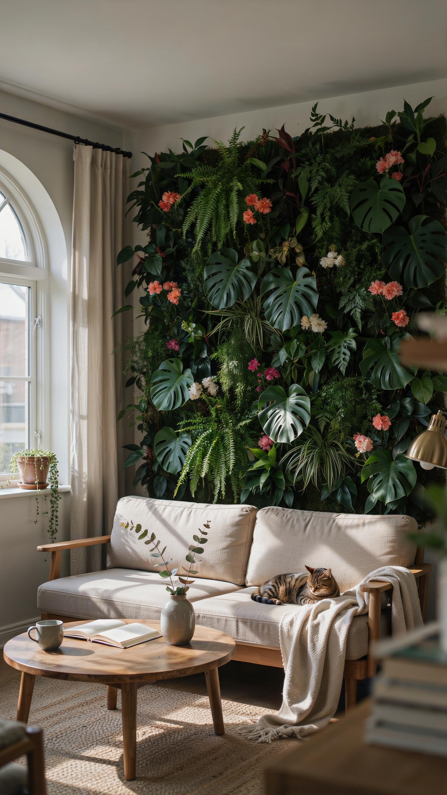 A cozy, sunlit living room features a wooden sofa with light cushions, a wooden coffee table, and a large indoor vertical garden on the back wall, wit