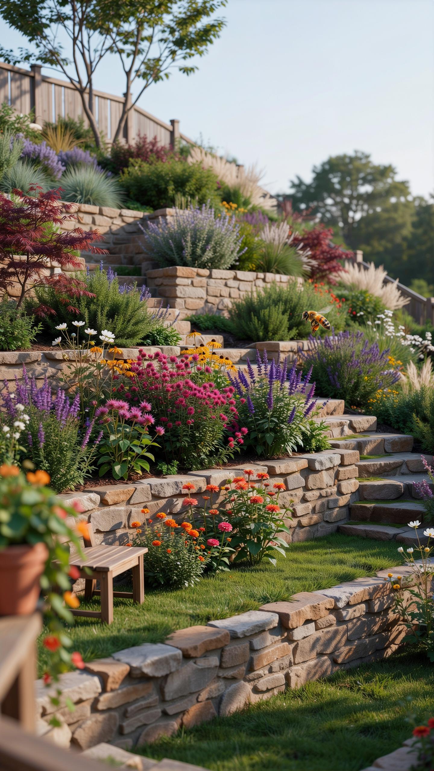 A beautiful terraced garden on a hillside features stone retaining walls, vibrant flowers in various colors, green grass paths, and a small wooden ben