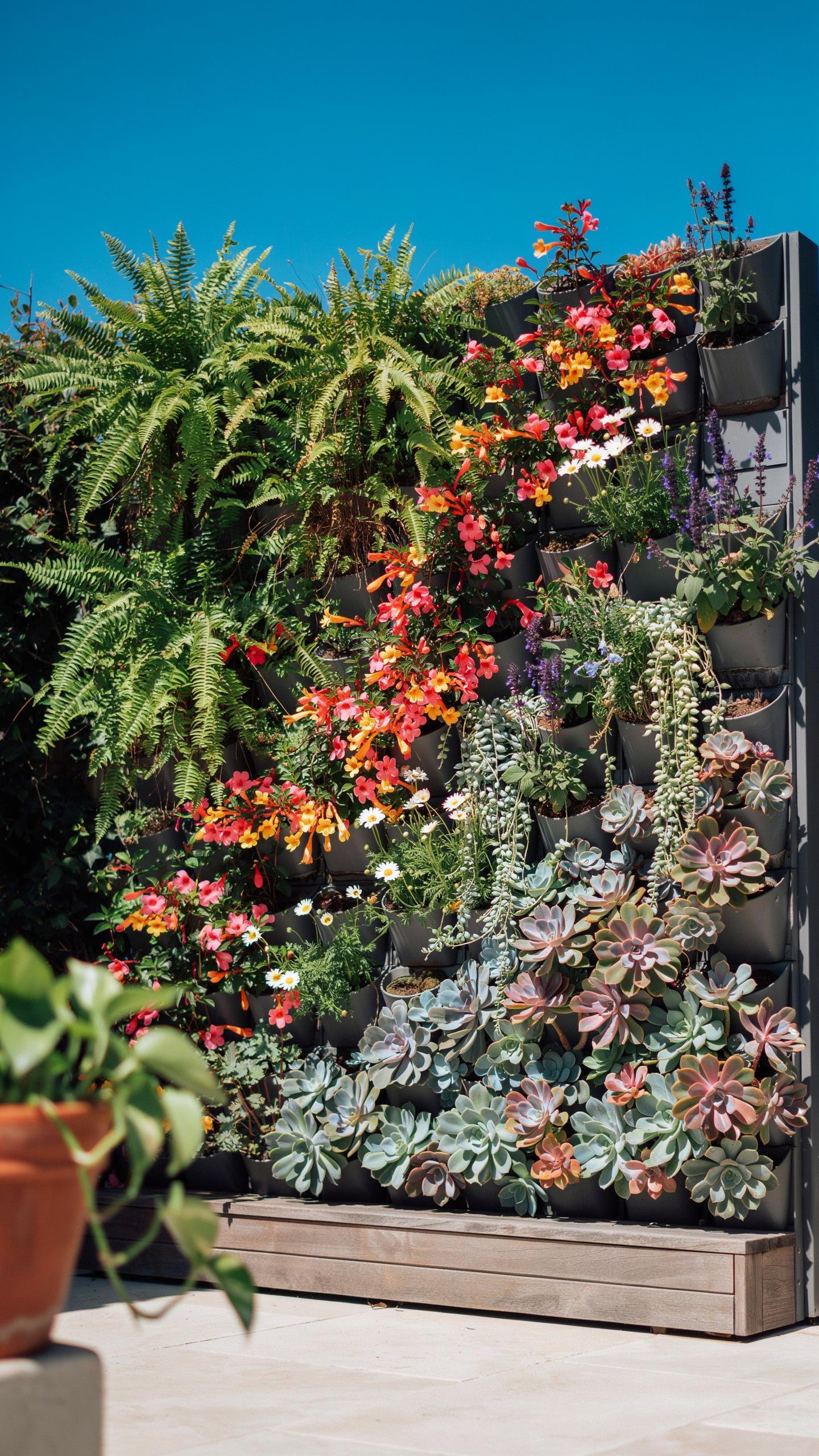 A vibrant vertical garden wall features a diverse array of plants, including lush green ferns, colorful orange and red flowering plants, and various t