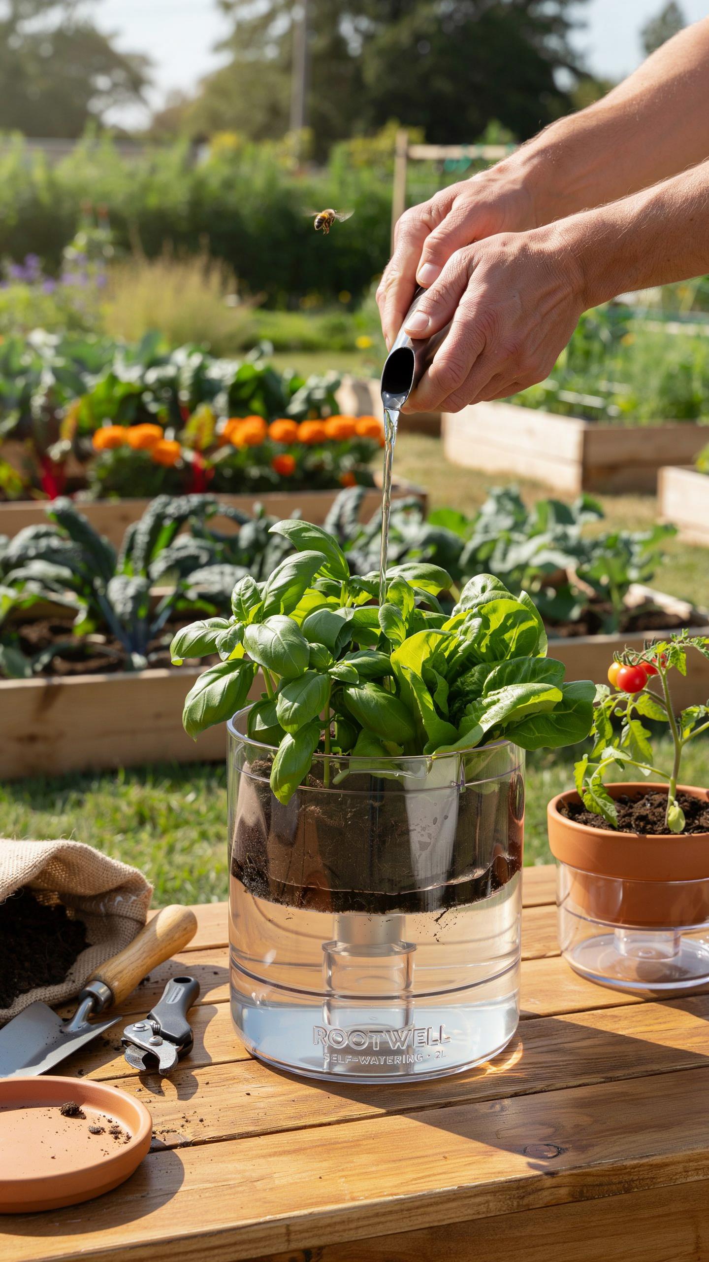 A person waters a vibrant green basil plant in a clear self-watering planter on a wooden table, with other garden beds and a small potted plant visibl