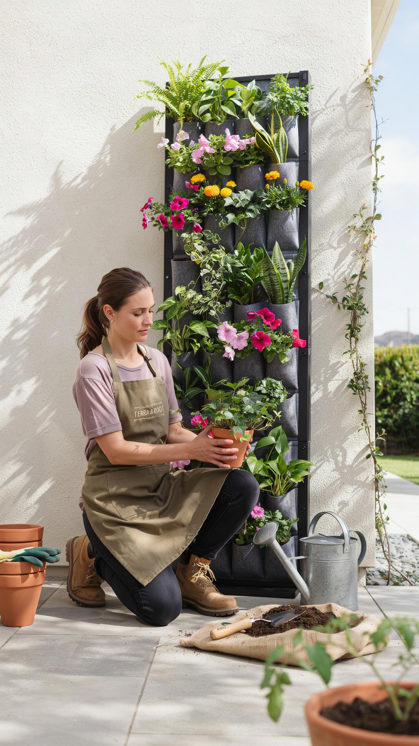 A woman with brown hair, wearing a beige apron and dark pants, kneels on a light-colored patio holding a small potted plant, while a tall vertical gar