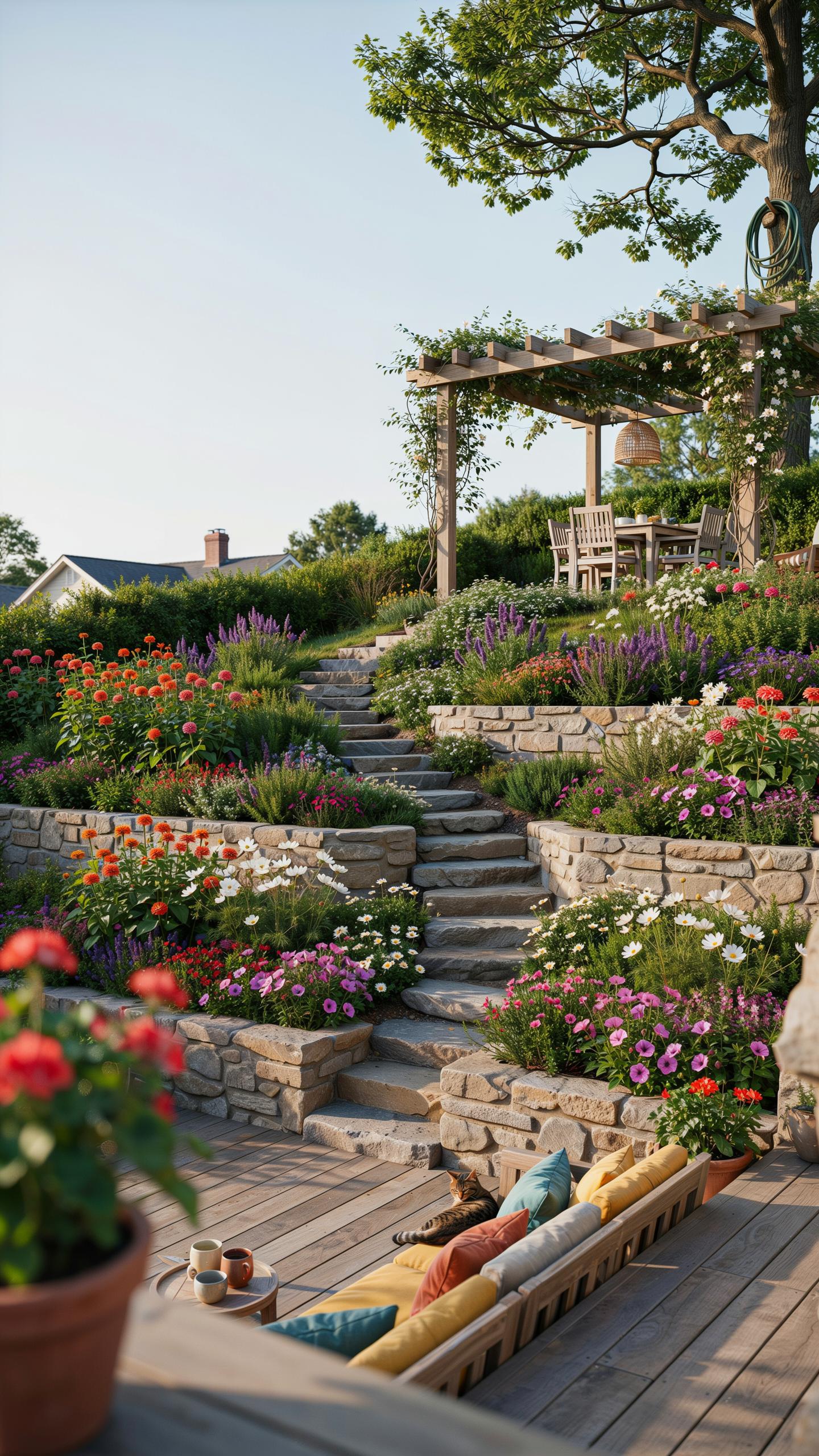 A multi-tiered garden with stone steps and retaining walls is filled with colorful flowers, leading up to a wooden pergola with a table and chairs, vi