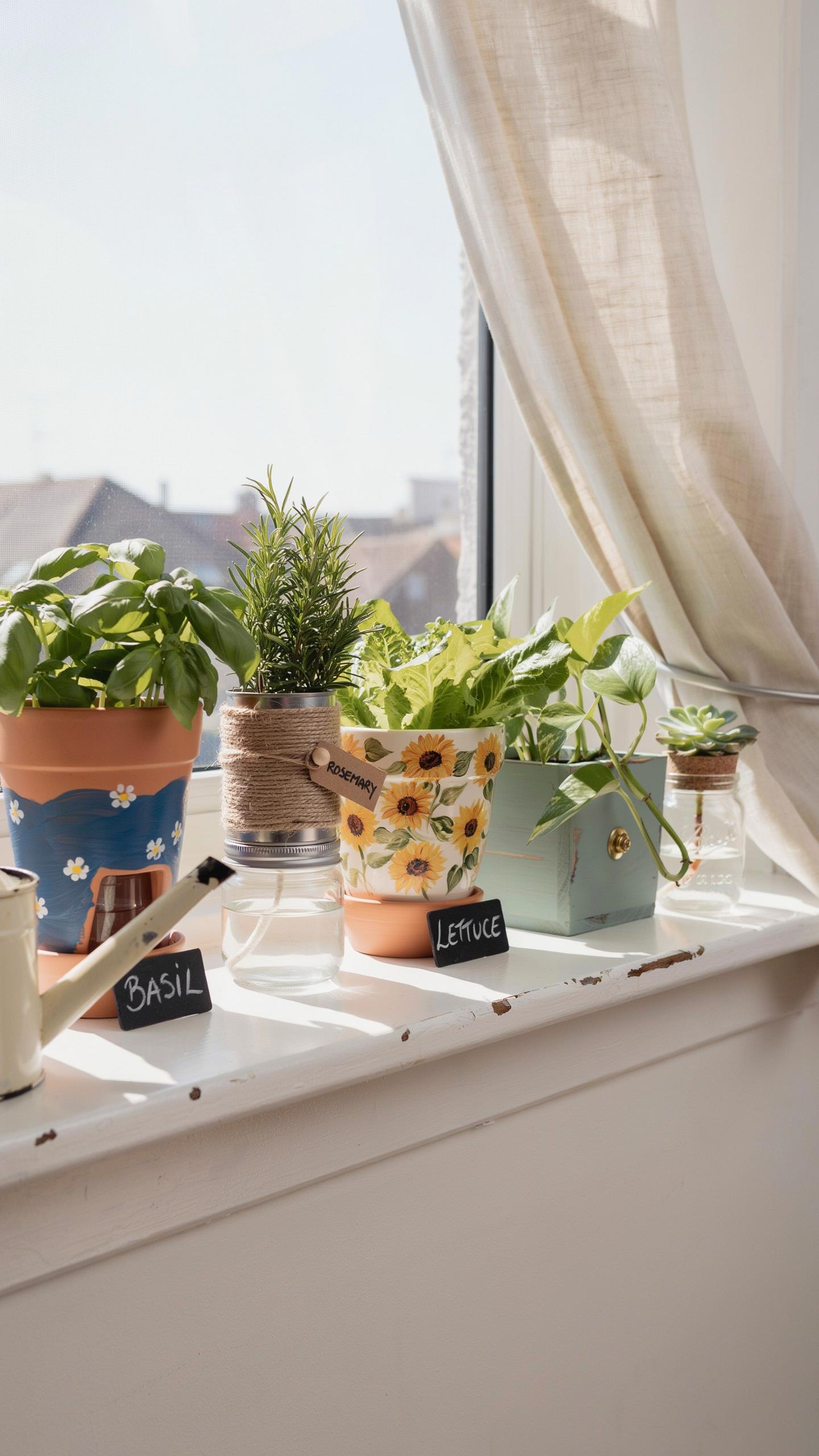 A sunlit window sill displays several potted herbs and small plants, including basil and lettuce, in various decorative containers like painted pots,