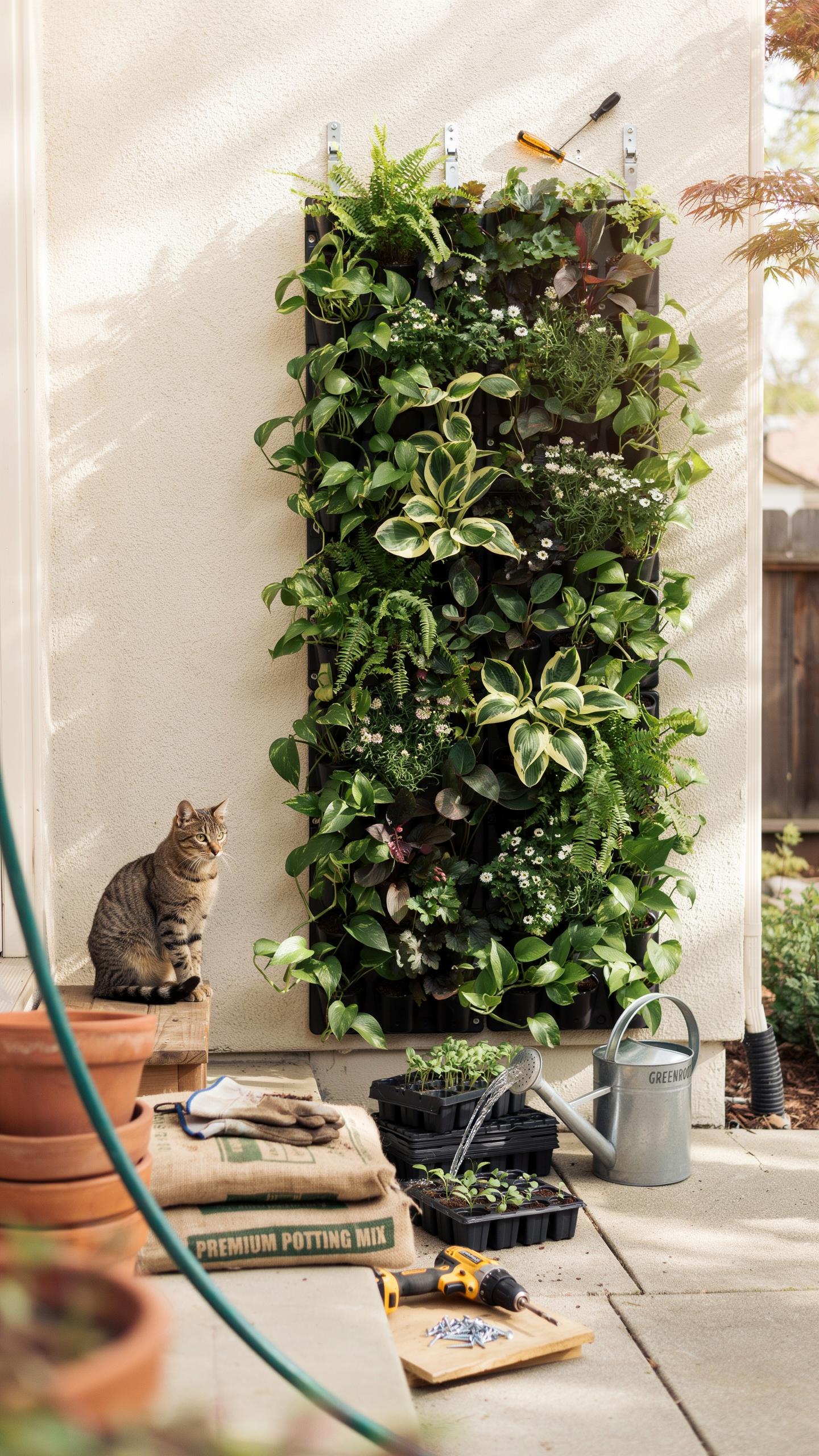 A tabby cat sits on a wooden ledge next to a large vertical garden mounted on a cream-colored exterior wall, with gardening supplies and terracotta po