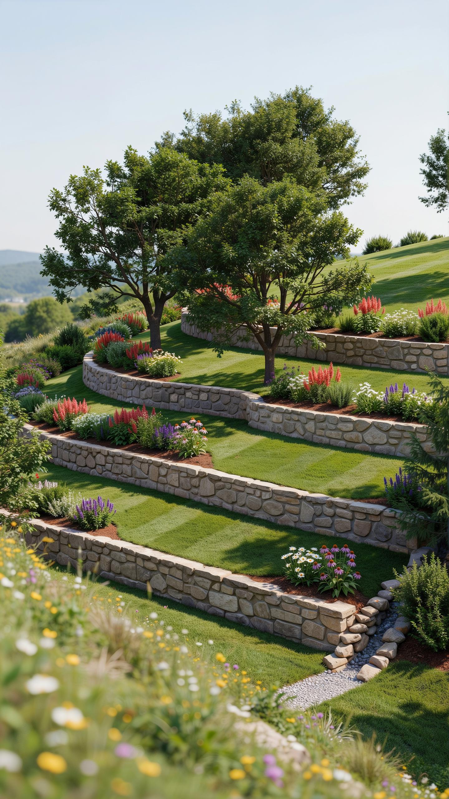 A beautiful terraced garden features multiple levels of manicured green lawn, each separated by low, dry-stacked stone walls, with vibrant flower beds