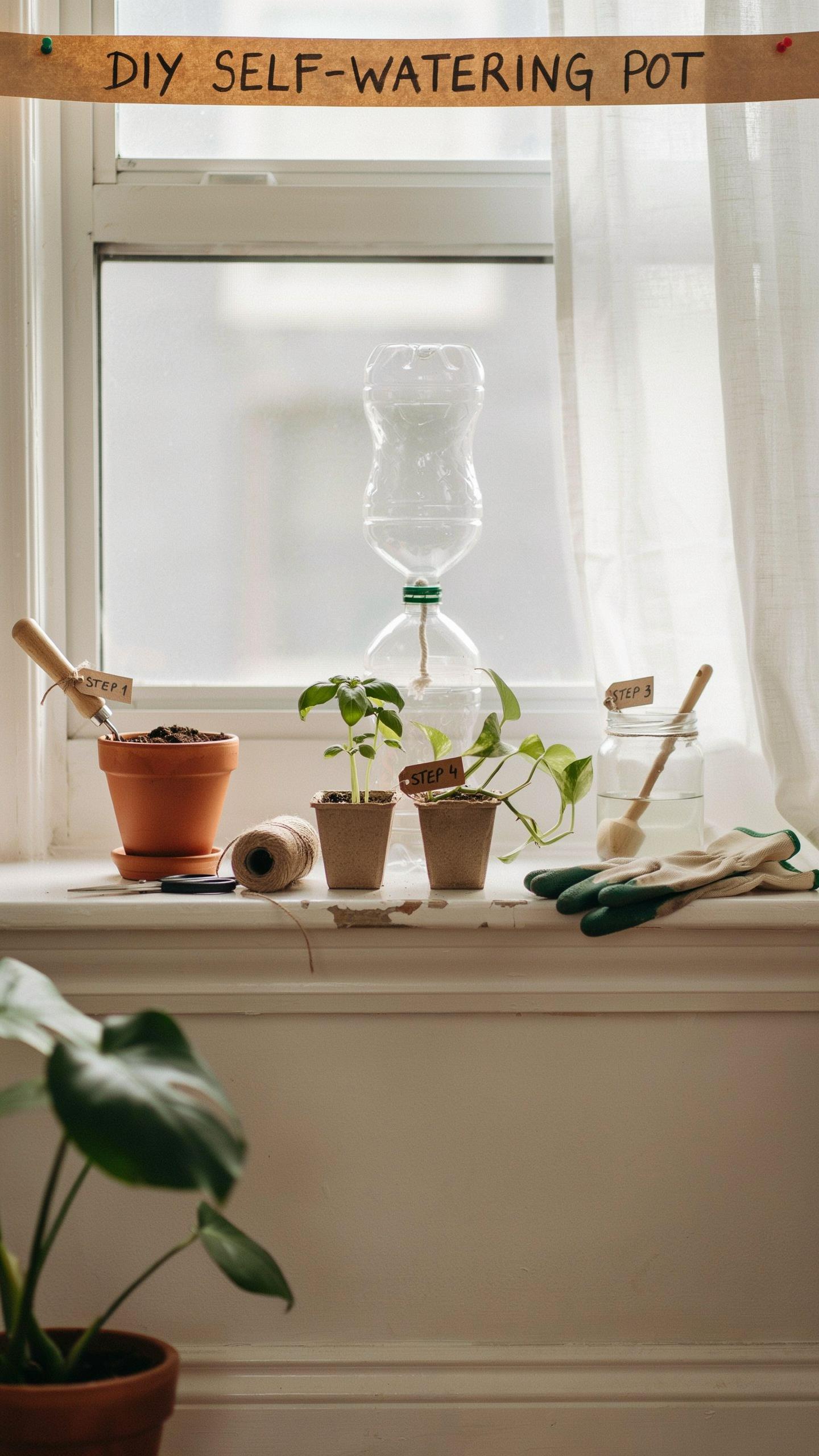 A close-up shot of a sunlit windowsill with gardening items, including a DIY self-watering pot made from a plastic bottle, small terracotta pots with