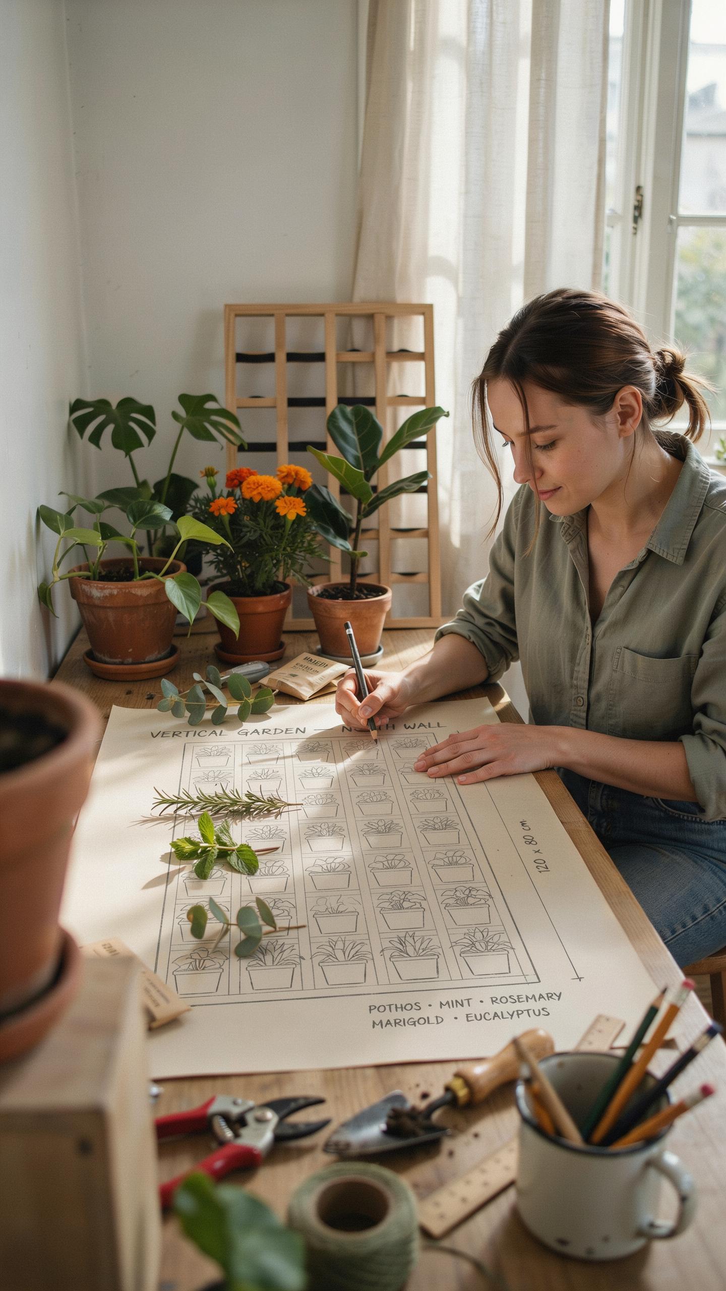 A woman with her hair tied back sits at a wooden table in a sunlit room, drawing on a large sheet of paper surrounded by potted plants and gardening t