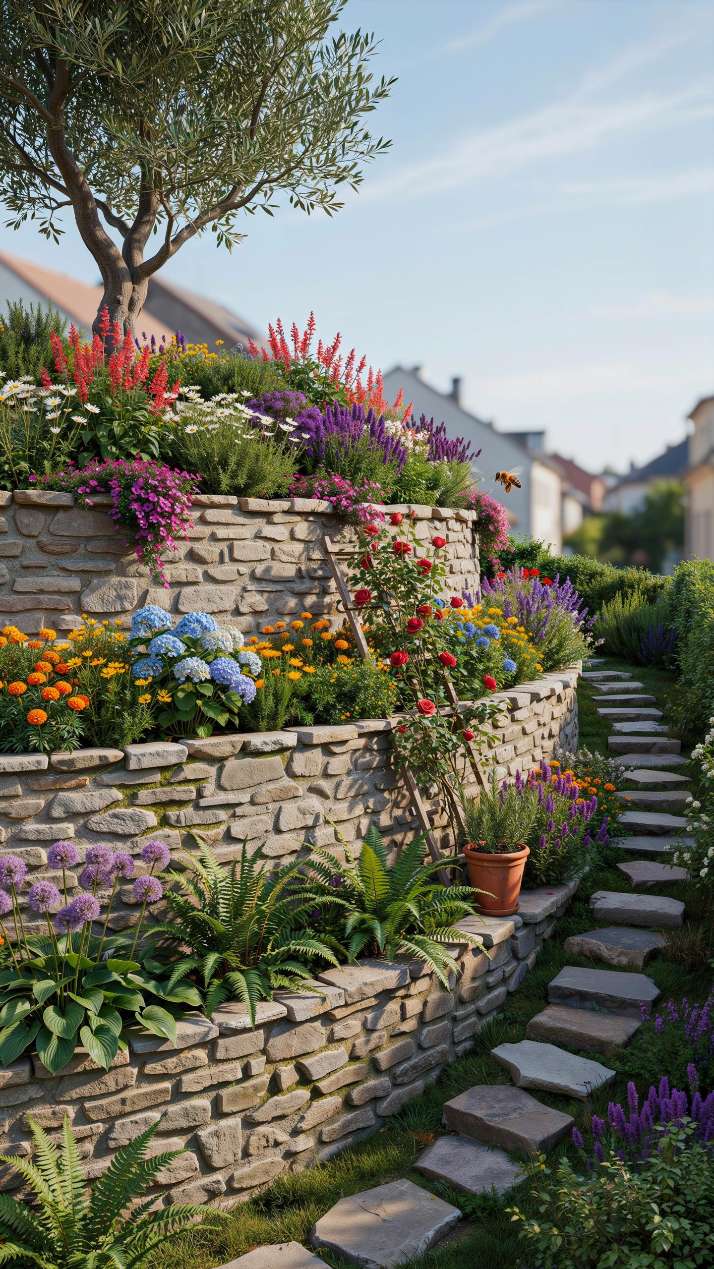 A vibrant tiered garden with stone retaining walls is filled with colorful flowers, including red, purple, yellow, and blue blooms, and lush green fol