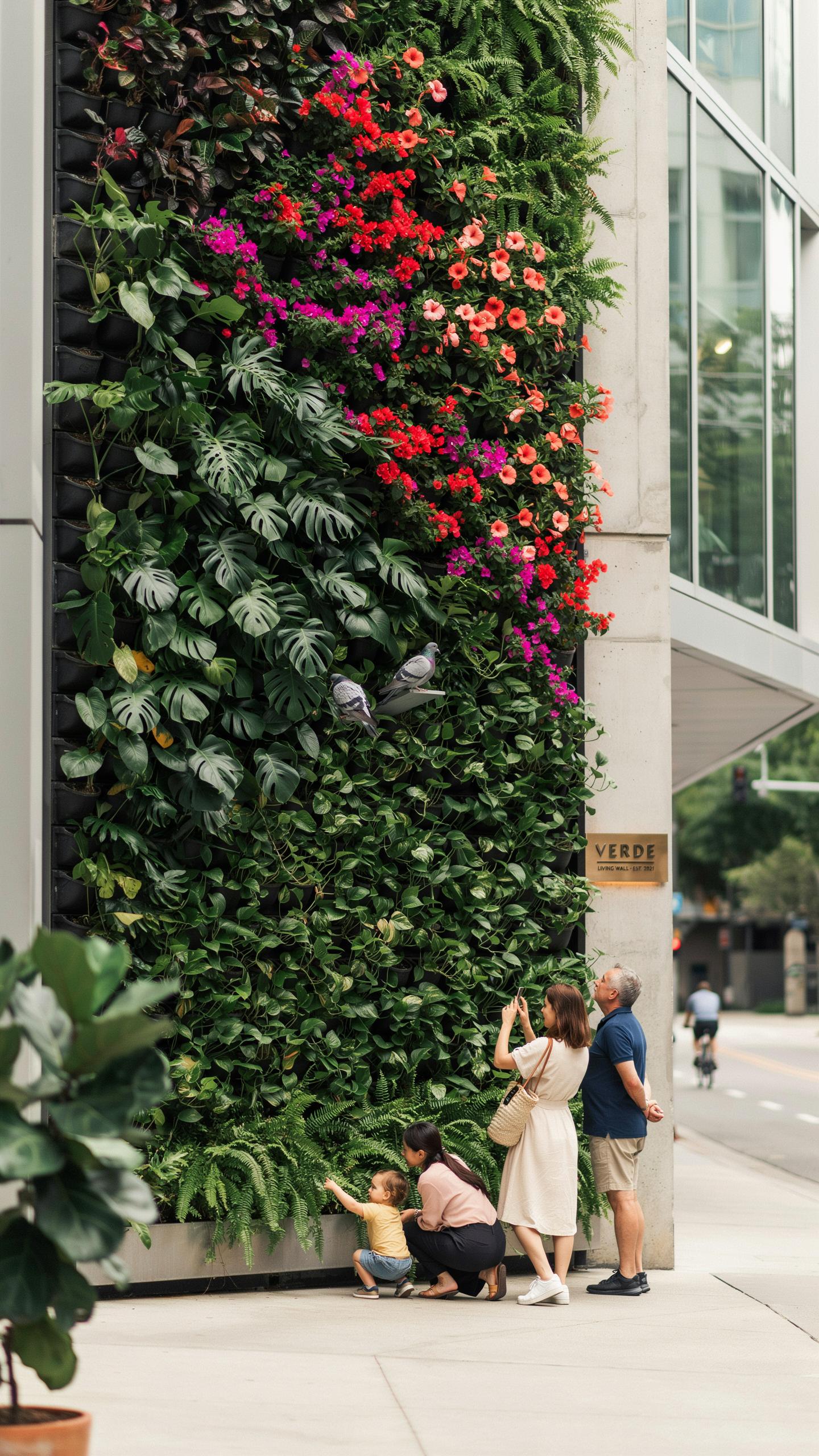 A family of four, including two adults and two children, stands on a paved sidewalk, looking up at a tall, lush vertical garden covering the side of a