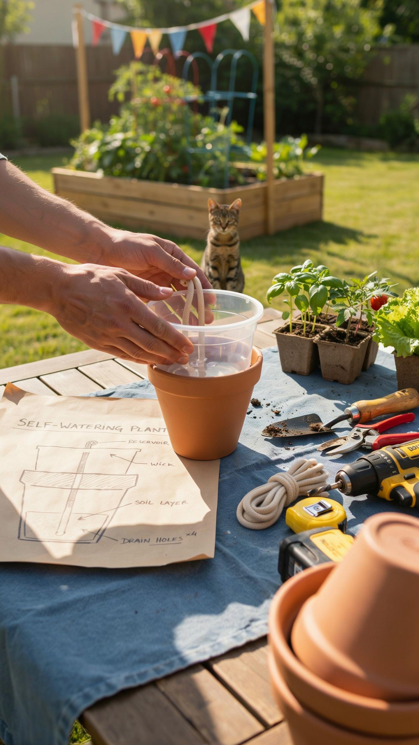 A person's hands are placing a clear plastic container over a terracotta pot on an outdoor table, surrounded by gardening tools and plant supplies in