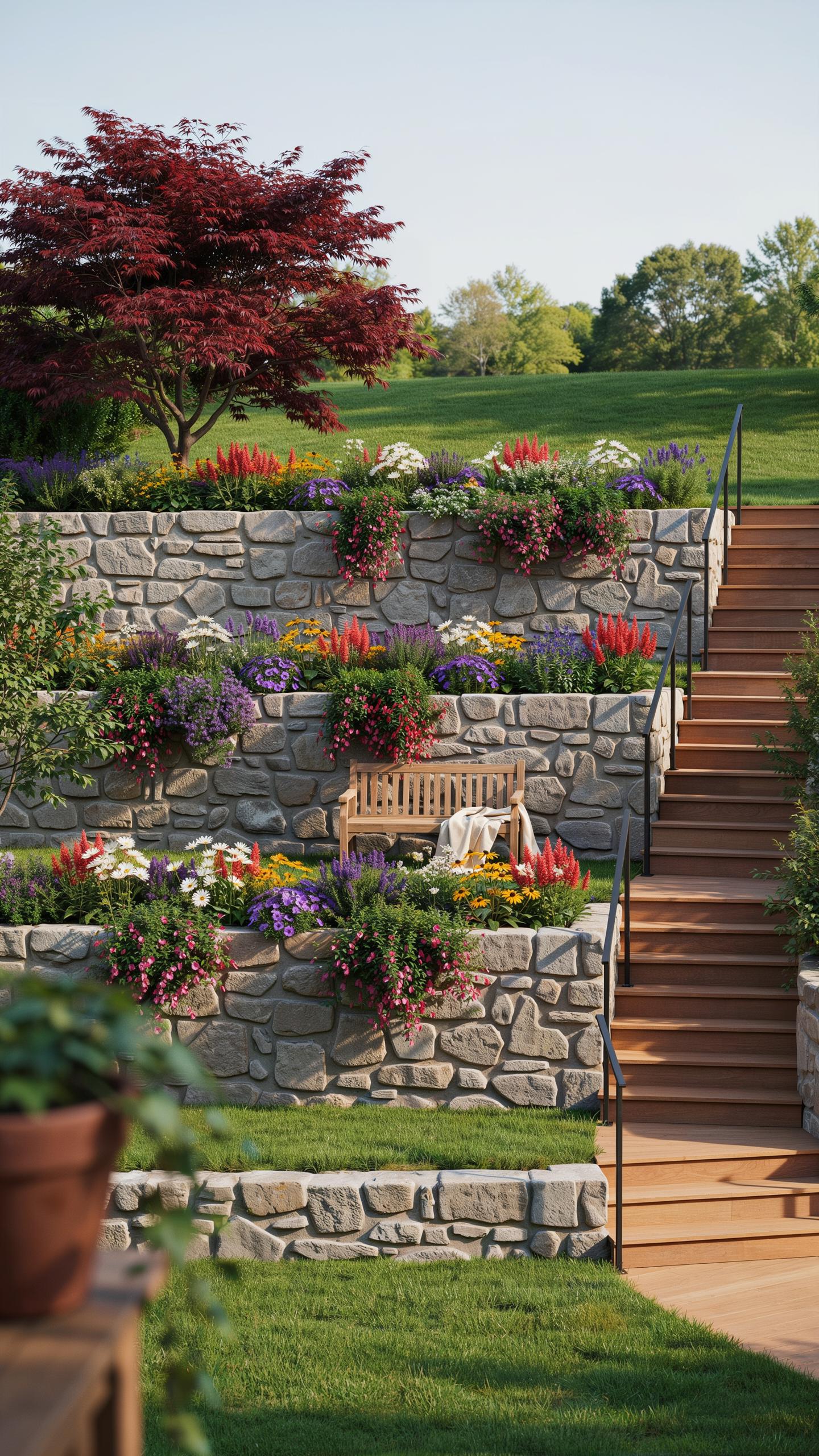 A multi-tiered terraced garden with stone retaining walls is filled with colorful flowers and green foliage, with a wooden bench nestled into one of t