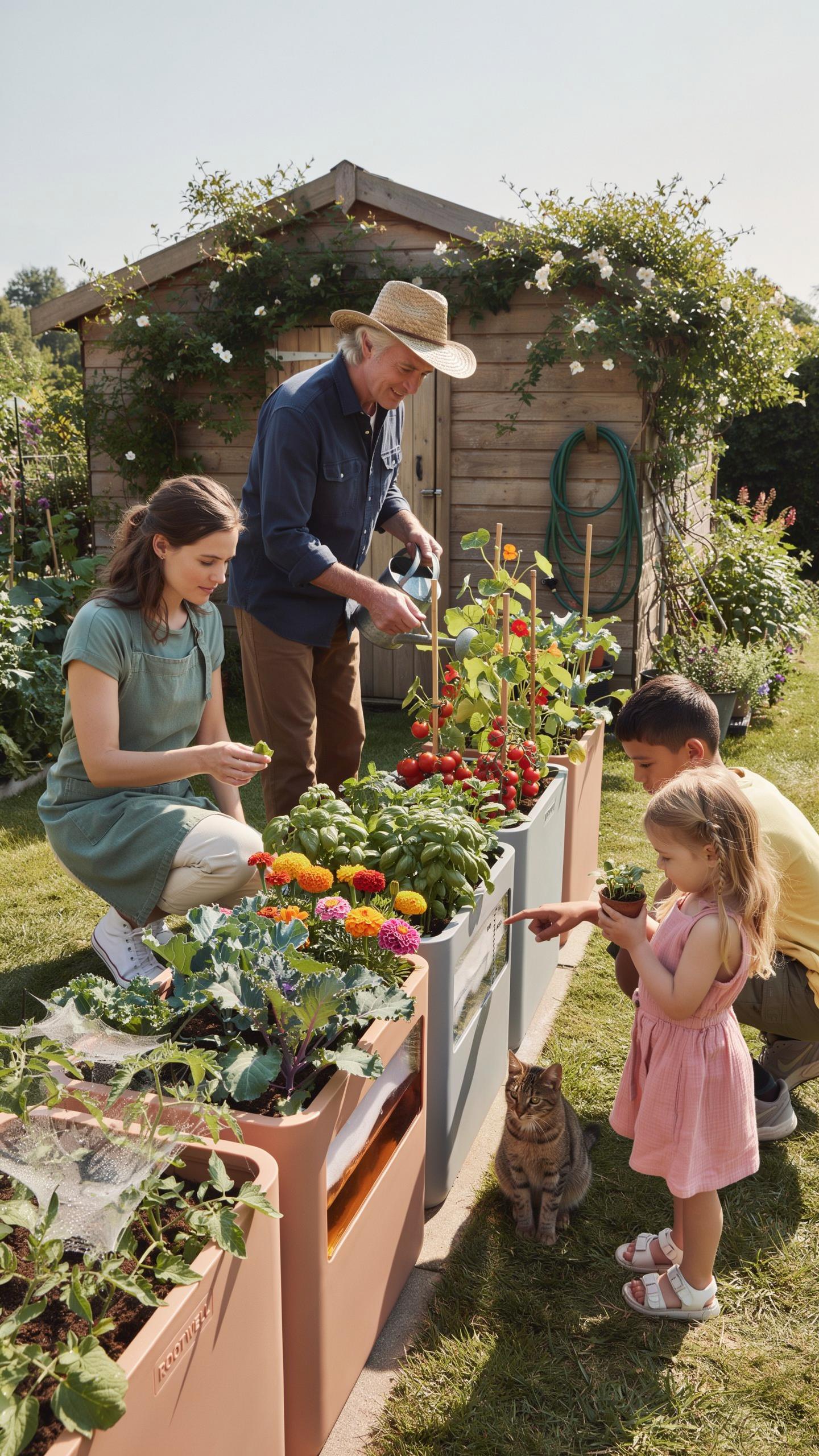 A multi-generational family, including an older man, a younger woman, and two young children, are engaged in gardening around raised planter boxes in