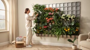 A woman in a light-colored outfit stands in a bright room, tending to a large indoor vertical garden wall filled with various green plants and colorfu
