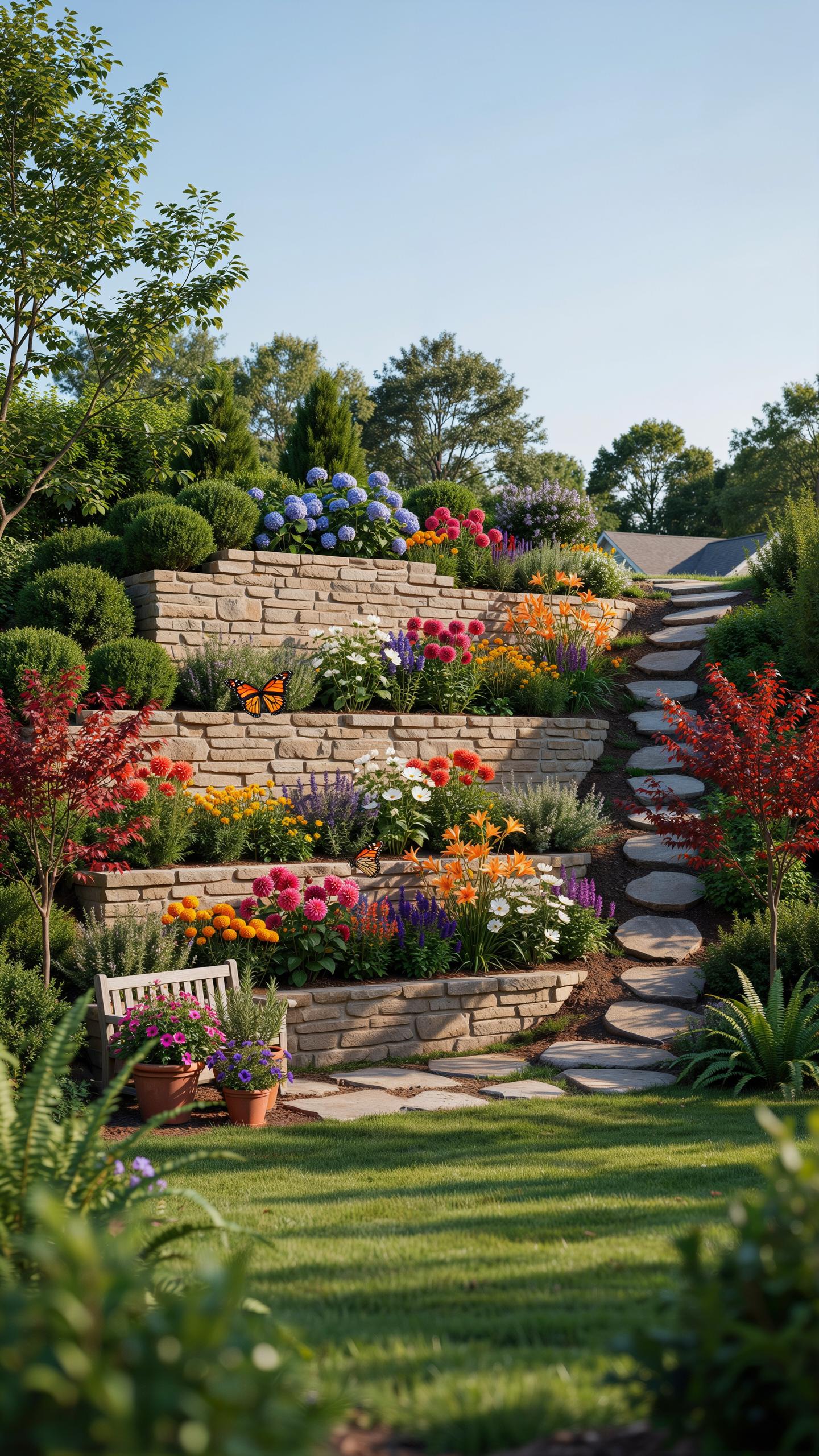 A vibrant tiered garden features stone retaining walls holding colorful flowering plants in various hues of red, orange, yellow, pink, and blue, with