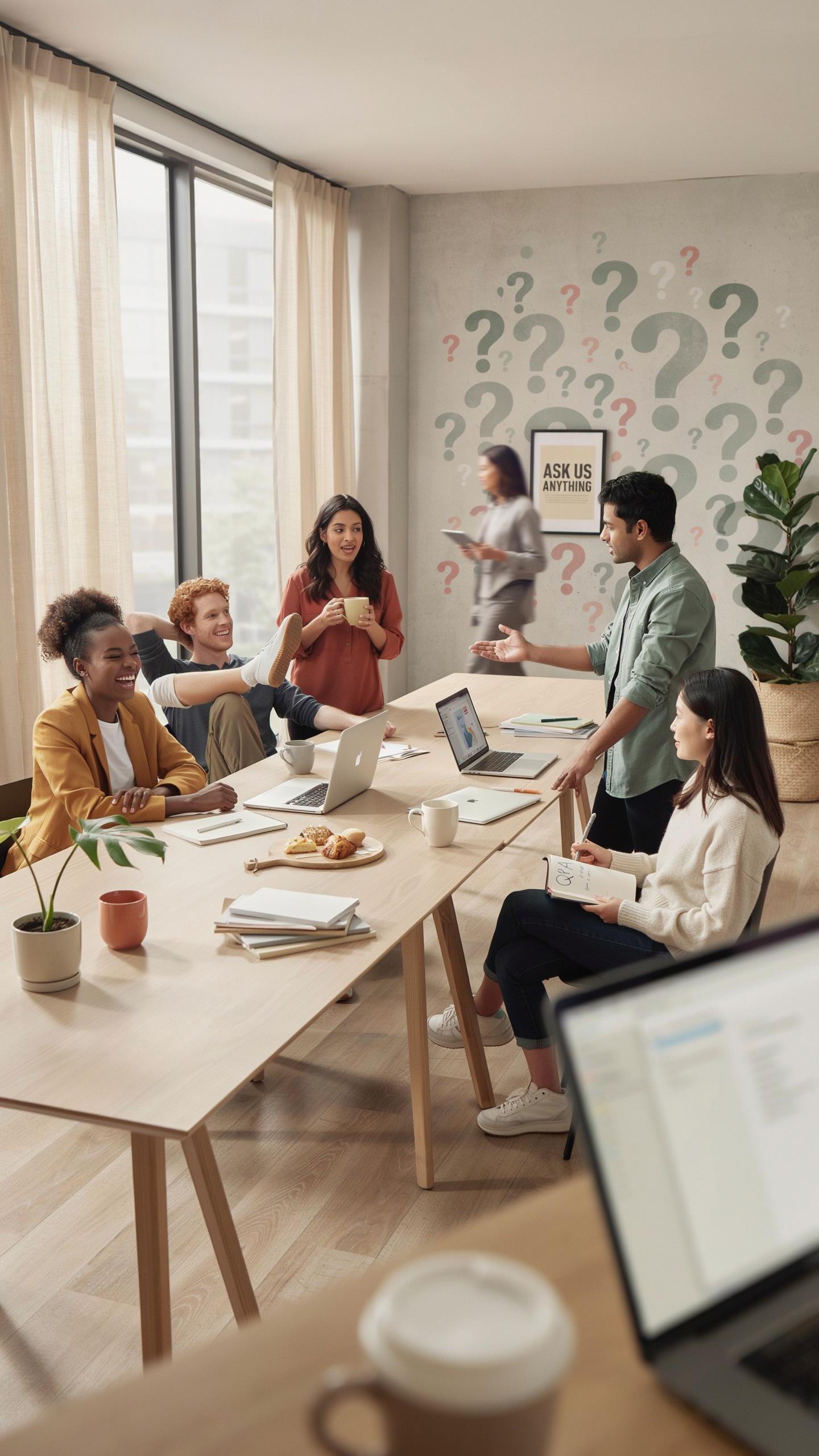 A diverse group of eight people, some seated at a long light-wood table and others standing, are engaged in conversation in a modern office space with